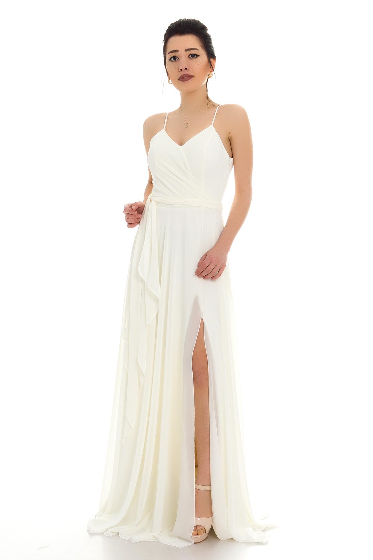 2057 KB İnce Askılı Derin Yırtmaçlı Şifon Uzun Elbise