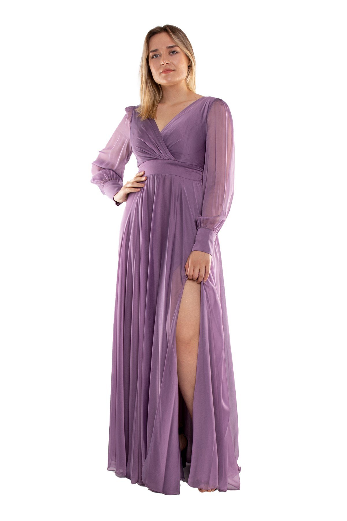 2082 Büyük Beden Kristal Şifon Kruvaze Yaka Yırtmaçlı Kollu Uzun Abiye