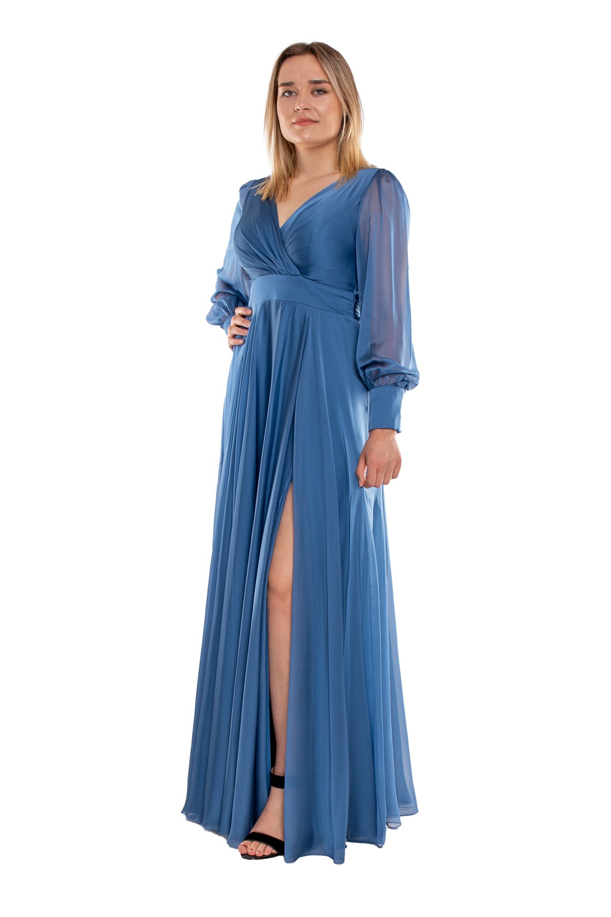 2082 Büyük Beden Kristal Şifon Kruvaze Yaka Yırtmaçlı Kollu Uzun Abiye