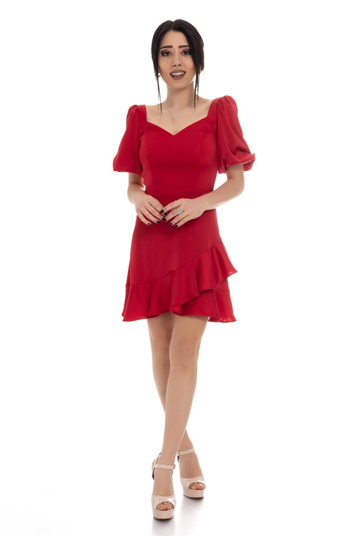 2087 KB Balon Kol Eteği Fırfırlı Saten Kısa Elbise