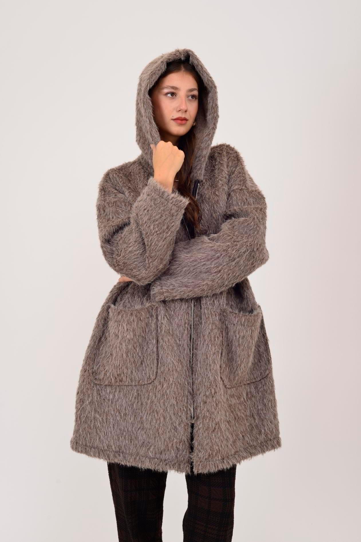 21052 Düz Desen Kapüşonlu Fermuarlı Keçe Kaban