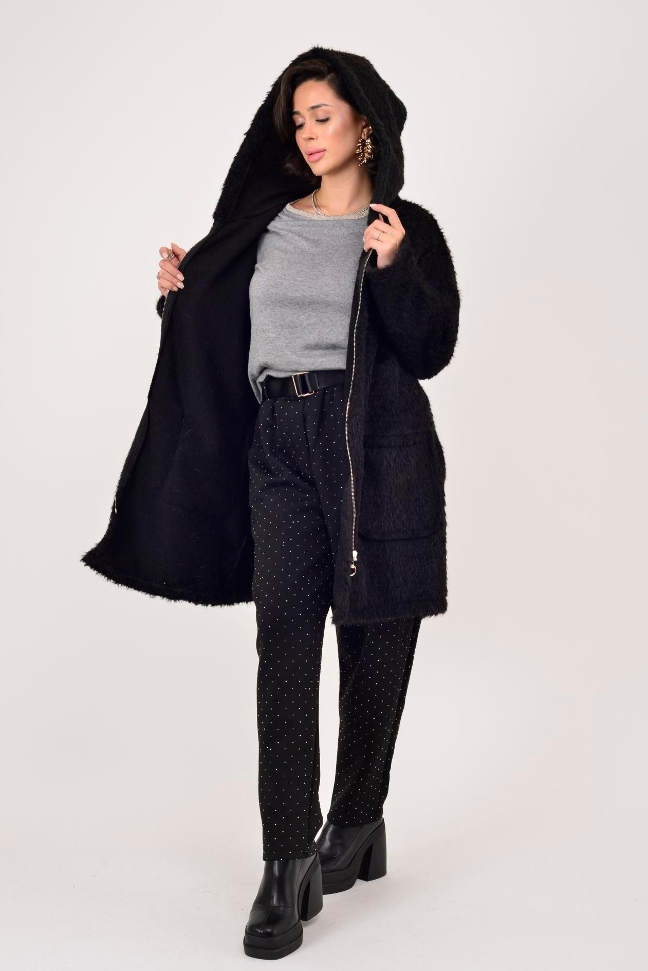 21052 Düz Desen Kapüşonlu Fermuarlı Keçe Kaban