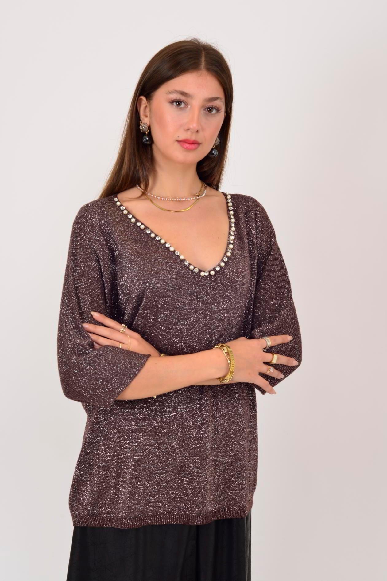 21130 İnci Detay Vyaka Simli Kısa Kol Bluz