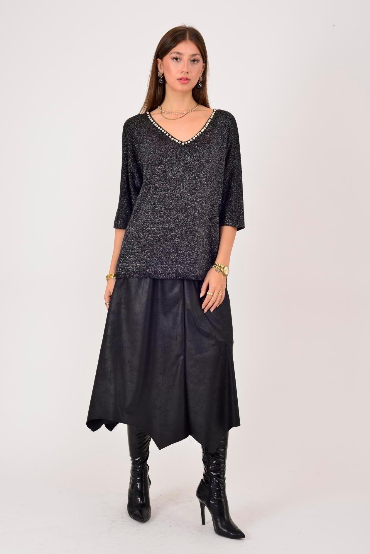 21130 İnci Detay Vyaka Simli Kısa Kol Bluz