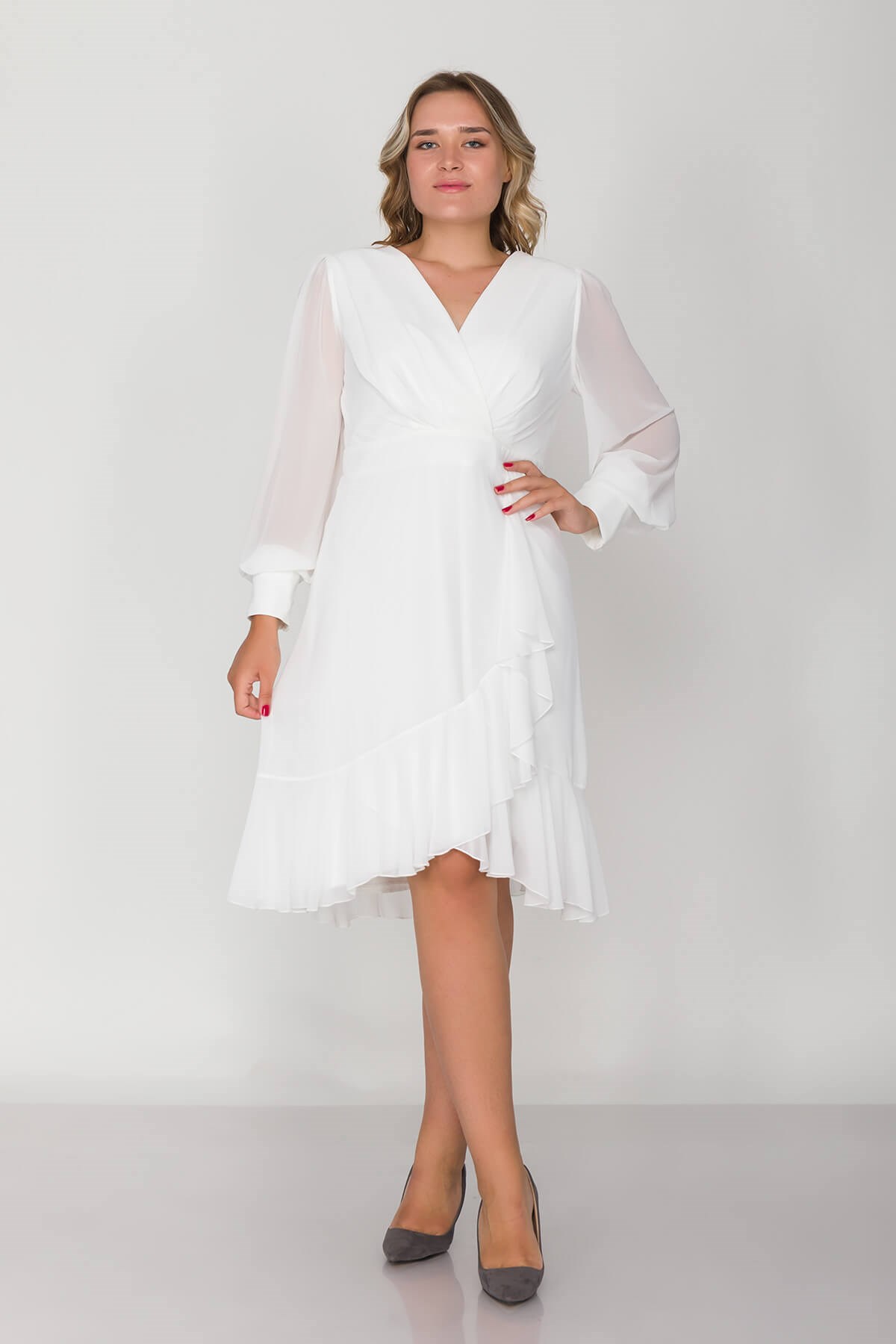 2117 BB Kruvaze Yaka Eteği Valonlu Şifon Tül Kol Kısa Elbise