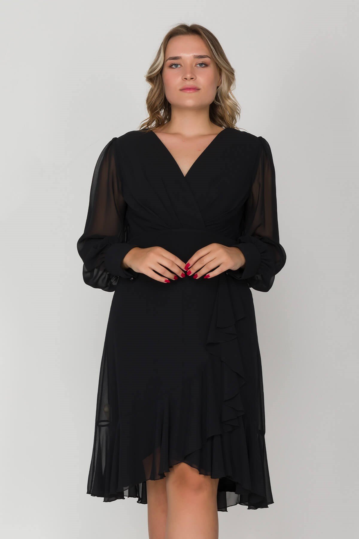 2117 BB Kruvaze Yaka Eteği Valonlu Şifon Tül Kol Kısa Elbise