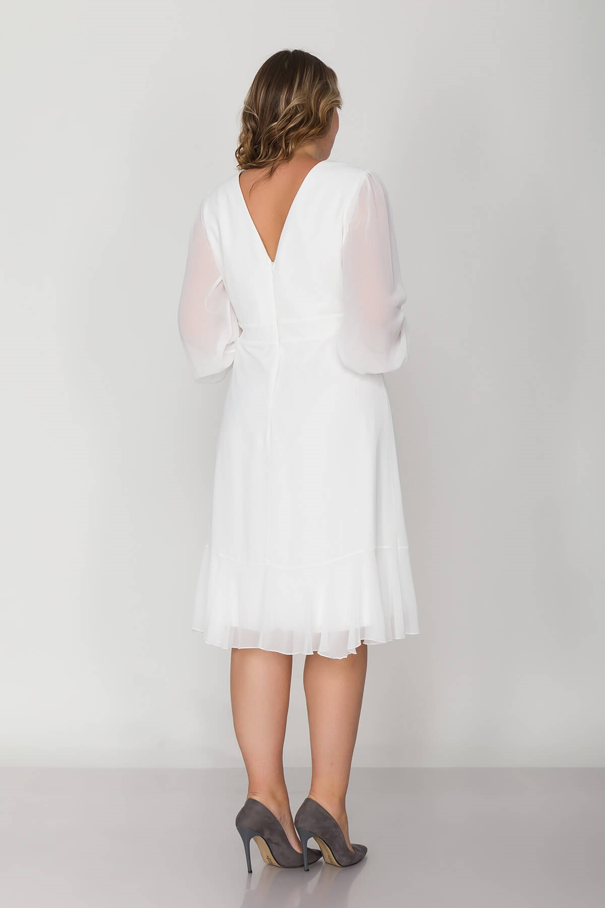 2117 BB Kruvaze Yaka Eteği Valonlu Şifon Tül Kol Kısa Elbise