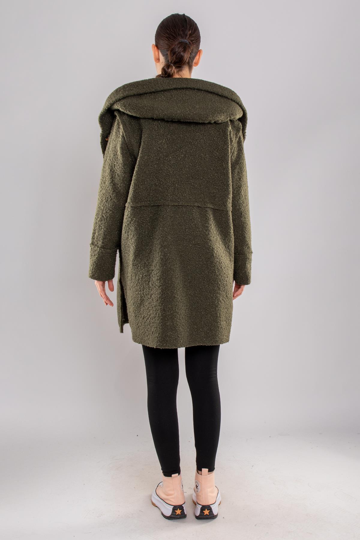 21224 4 Düğmeli Kapüşonlu Keçe Kaban