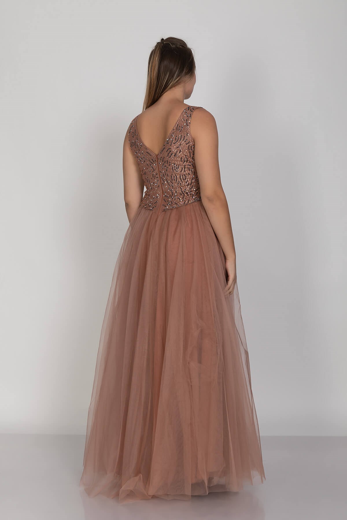 21224 KB Göğüs Suyolu Taş İşleme Vyaka Beli Transparan Tül Nişanlık Elbise