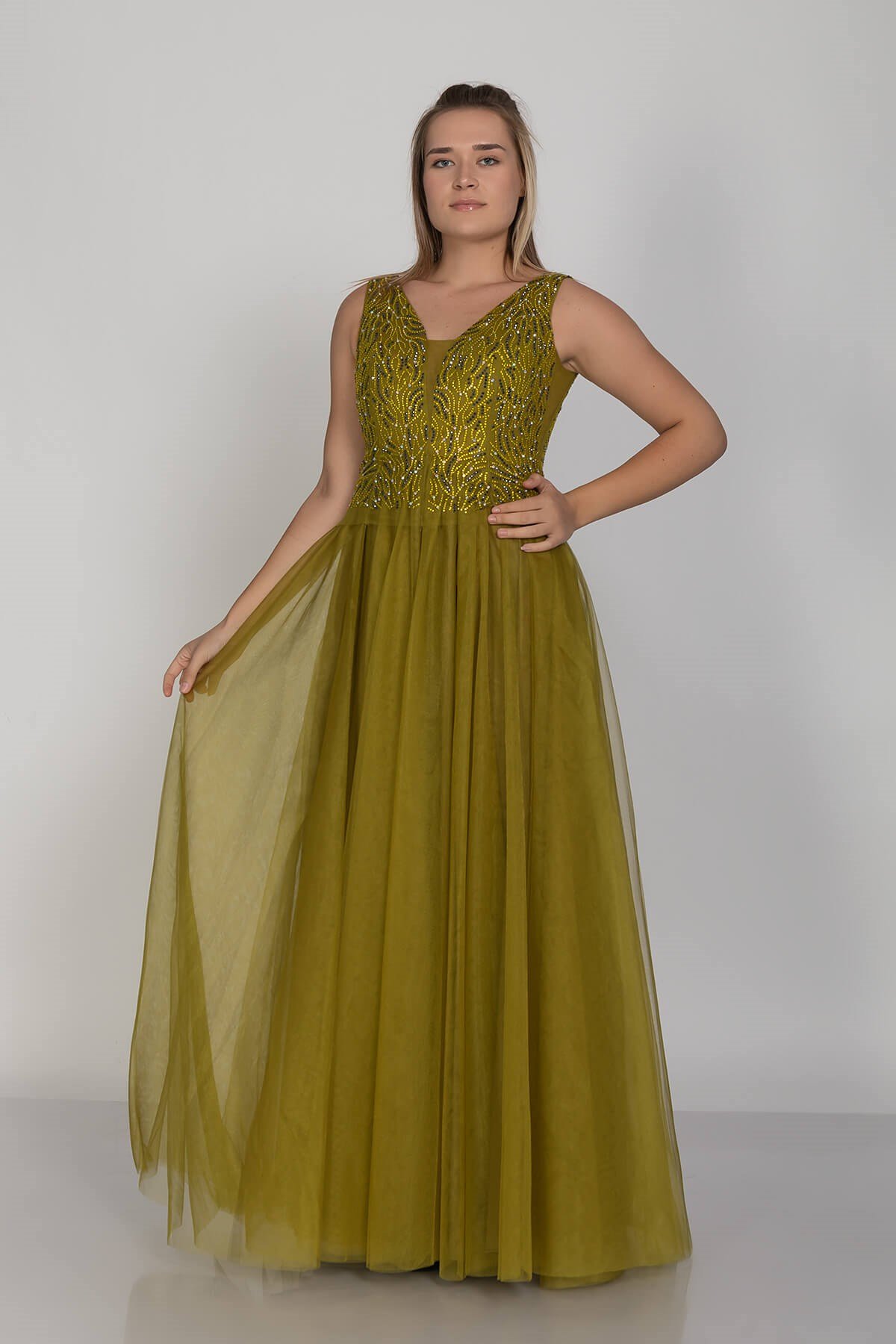 21224 KB Göğüs Suyolu Taş İşleme Vyaka Beli Transparan Tül Nişanlık Elbise