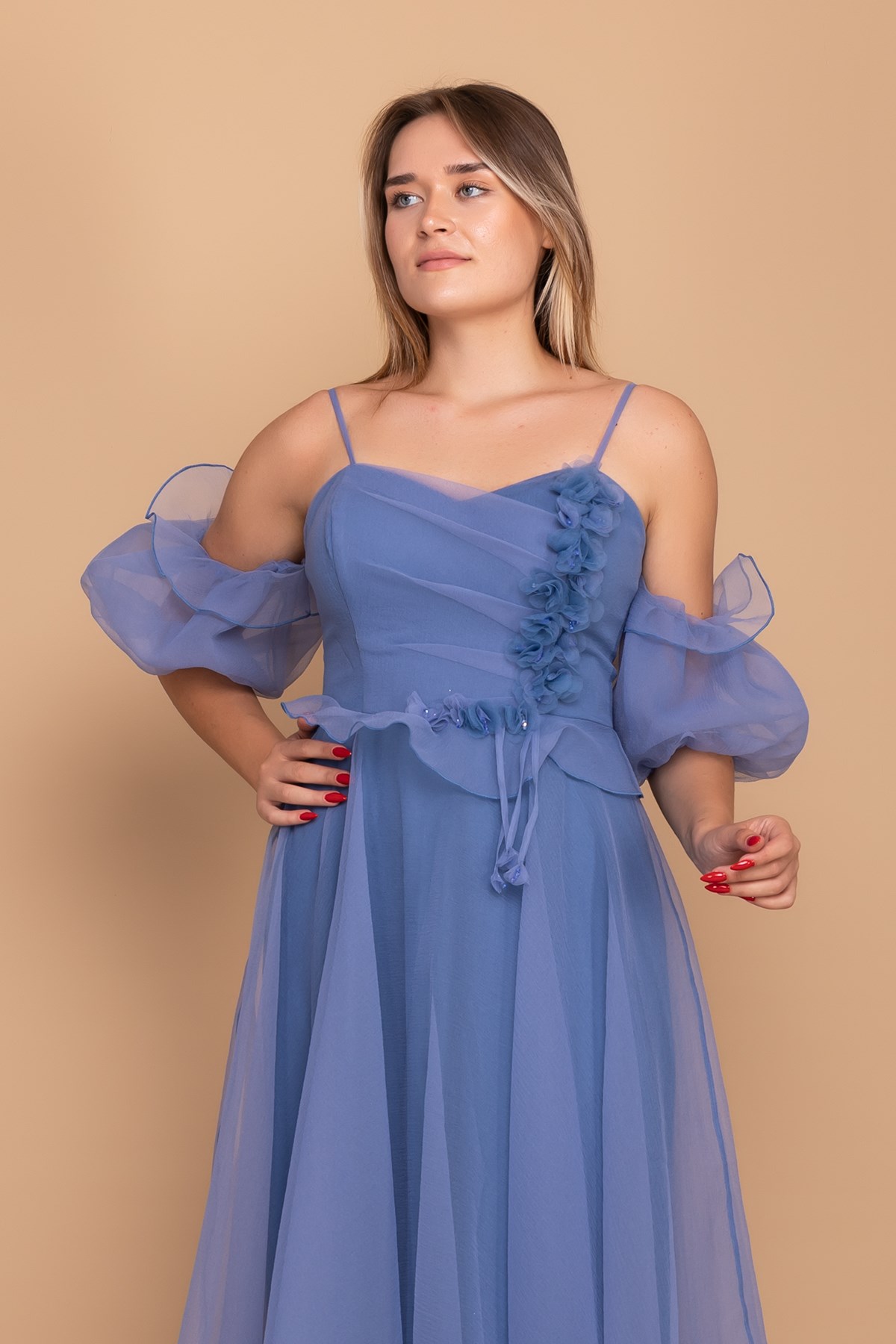 21248 Organze Tül Straplez Takma Kol Çiçekli İp Askı Nişanlık