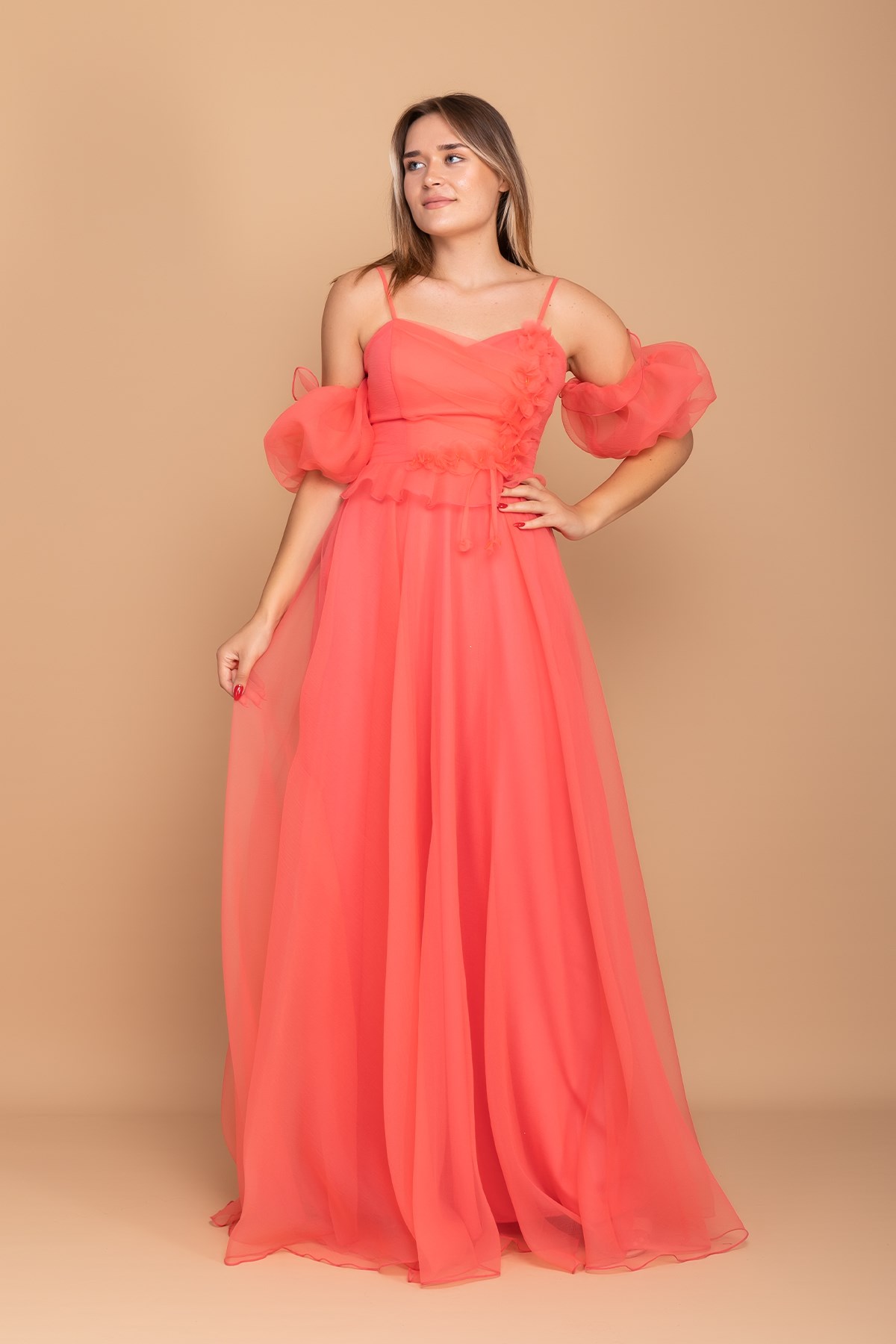 21248 Organze Tül Straplez Takma Kol Çiçekli İp Askı Nişanlık