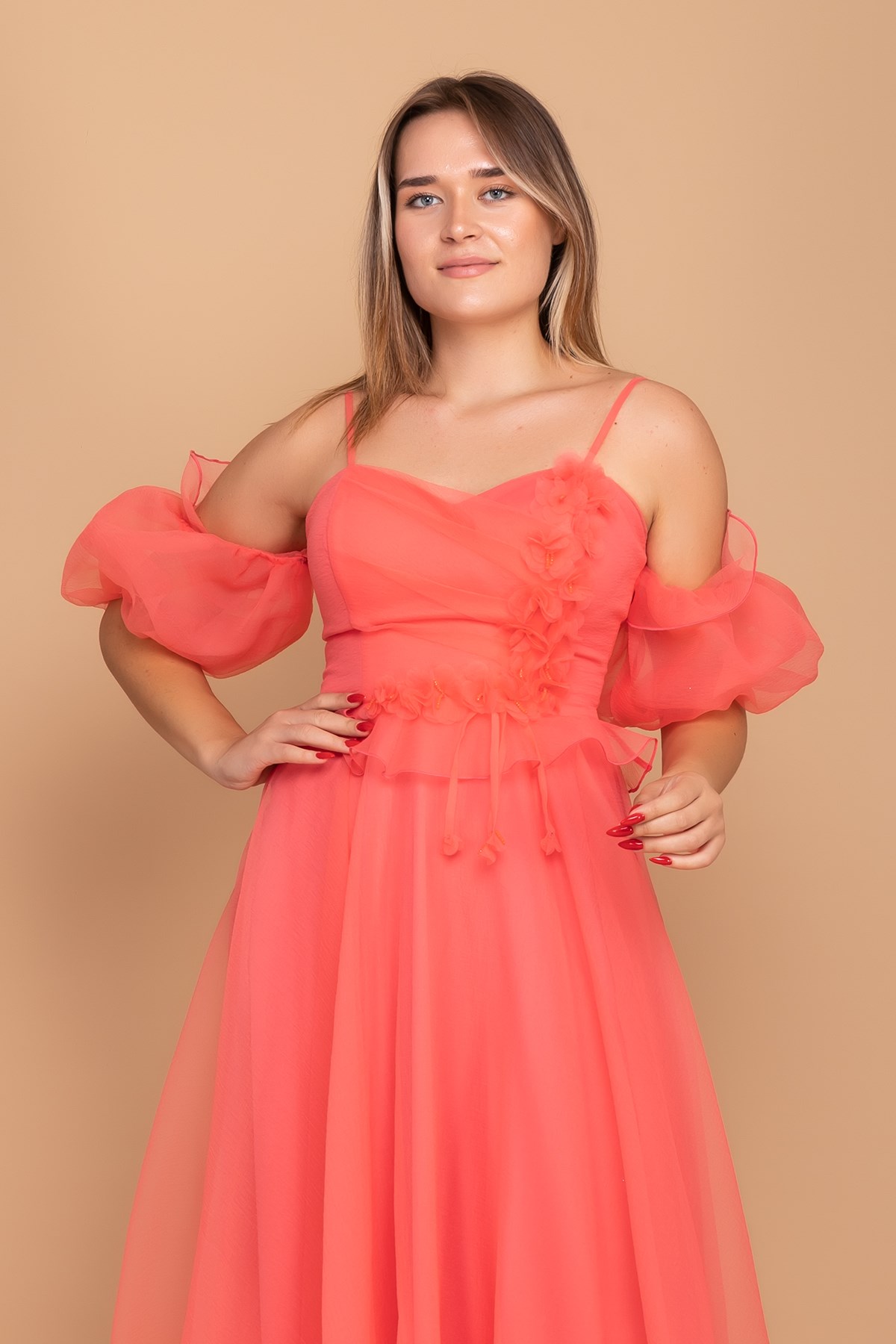 21248 Organze Tül Straplez Takma Kol Çiçekli İp Askı Nişanlık