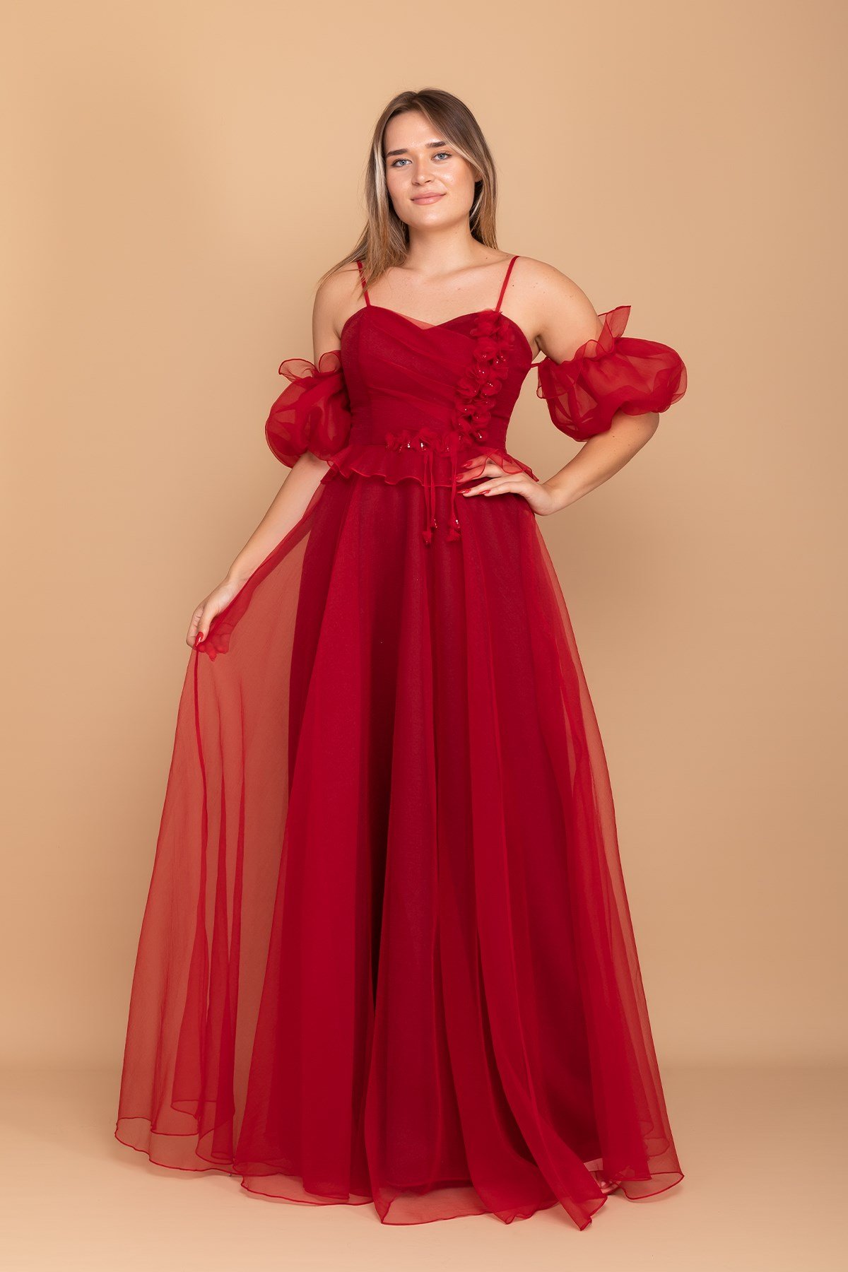 21248 Organze Tül Straplez Takma Kol Çiçekli İp Askı Nişanlık