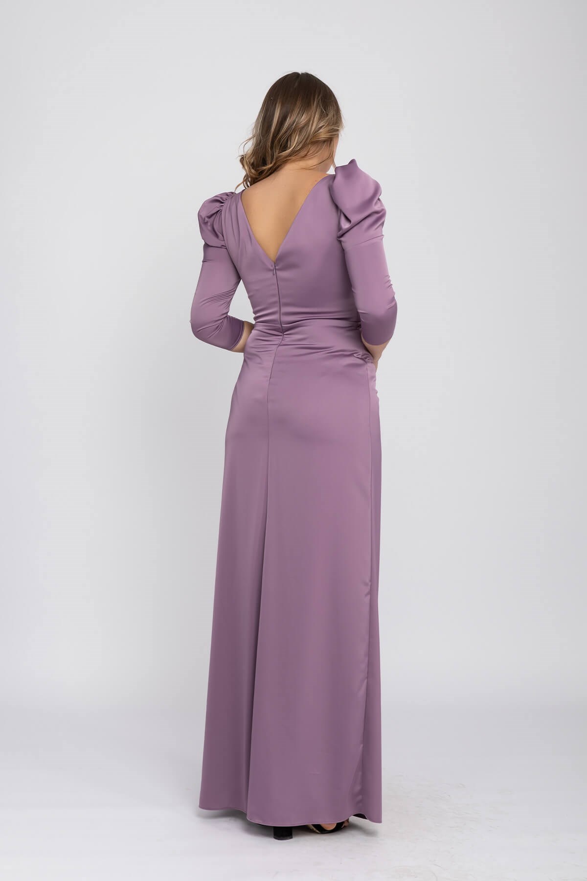 2126 Büyükbeden Karpuz Kol Yırtmaçlı Saten Uzun  Elbise