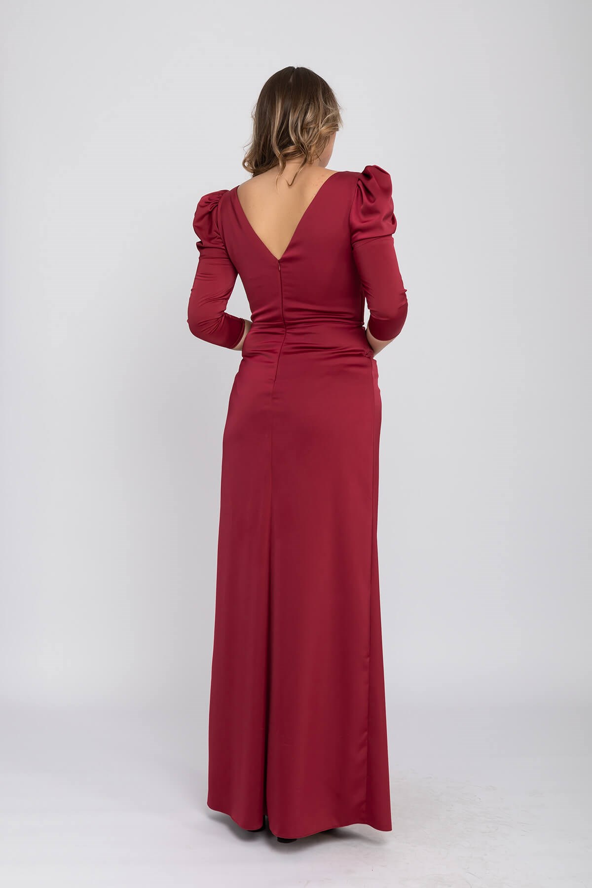 2126 Büyükbeden Karpuz Kol Yırtmaçlı Saten Uzun  Elbise