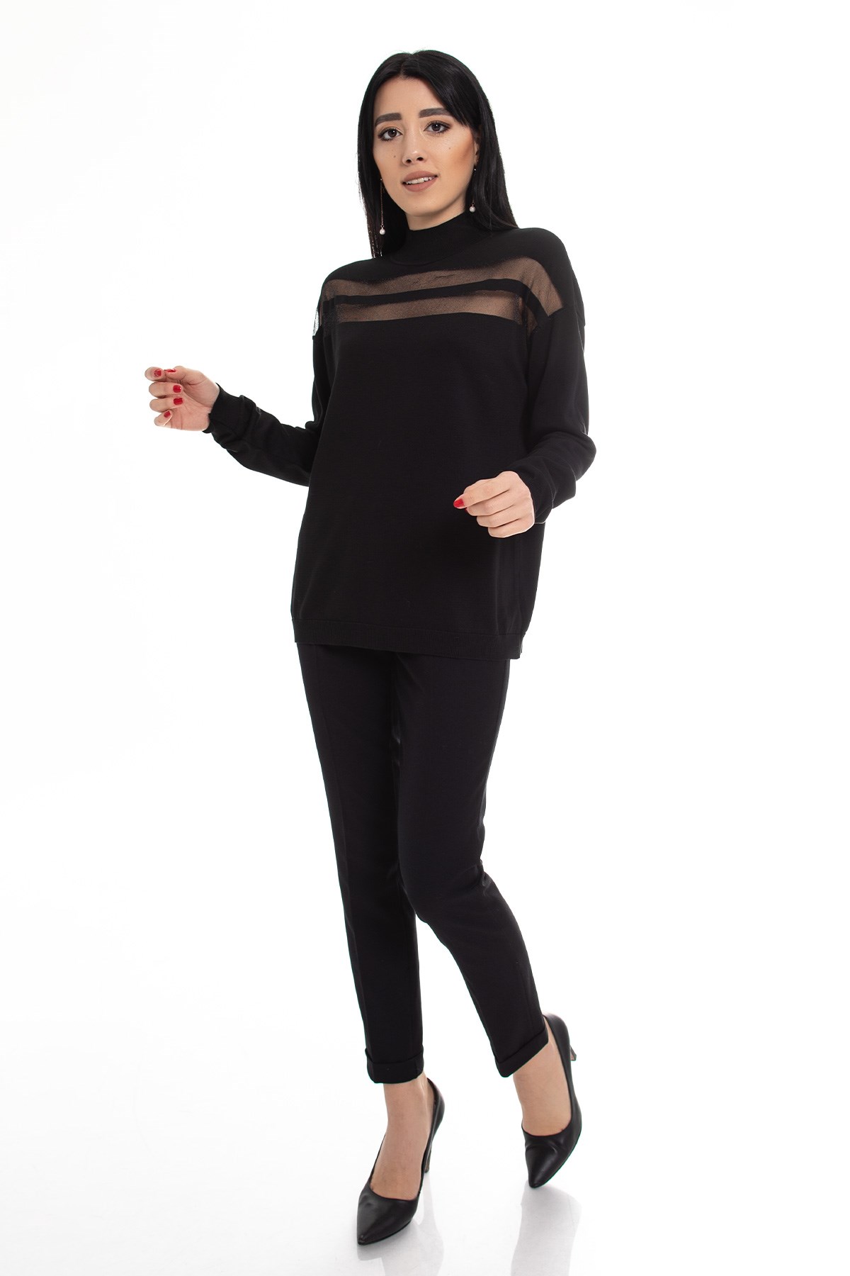 2127 Sim Şerit Detay Balıkçı Yaka Viscon Triko