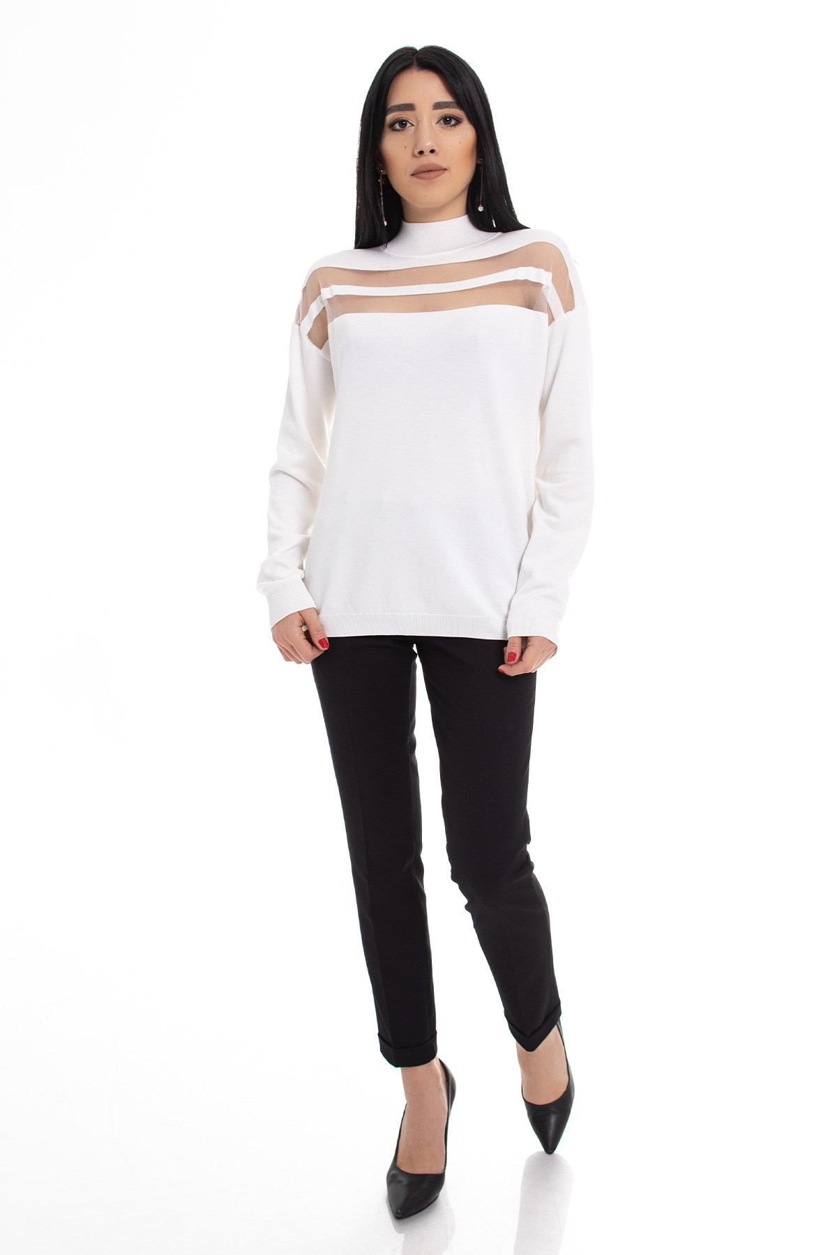 2127 Sim Şerit Detay Balıkçı Yaka Viscon Triko