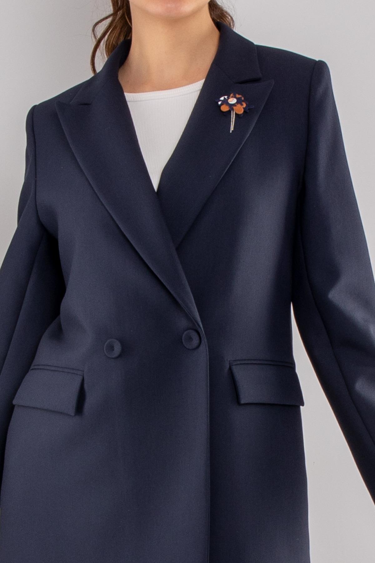 2128 2 Düğme Broşlu Ceket Bol Paça Pantolon İkili Takım