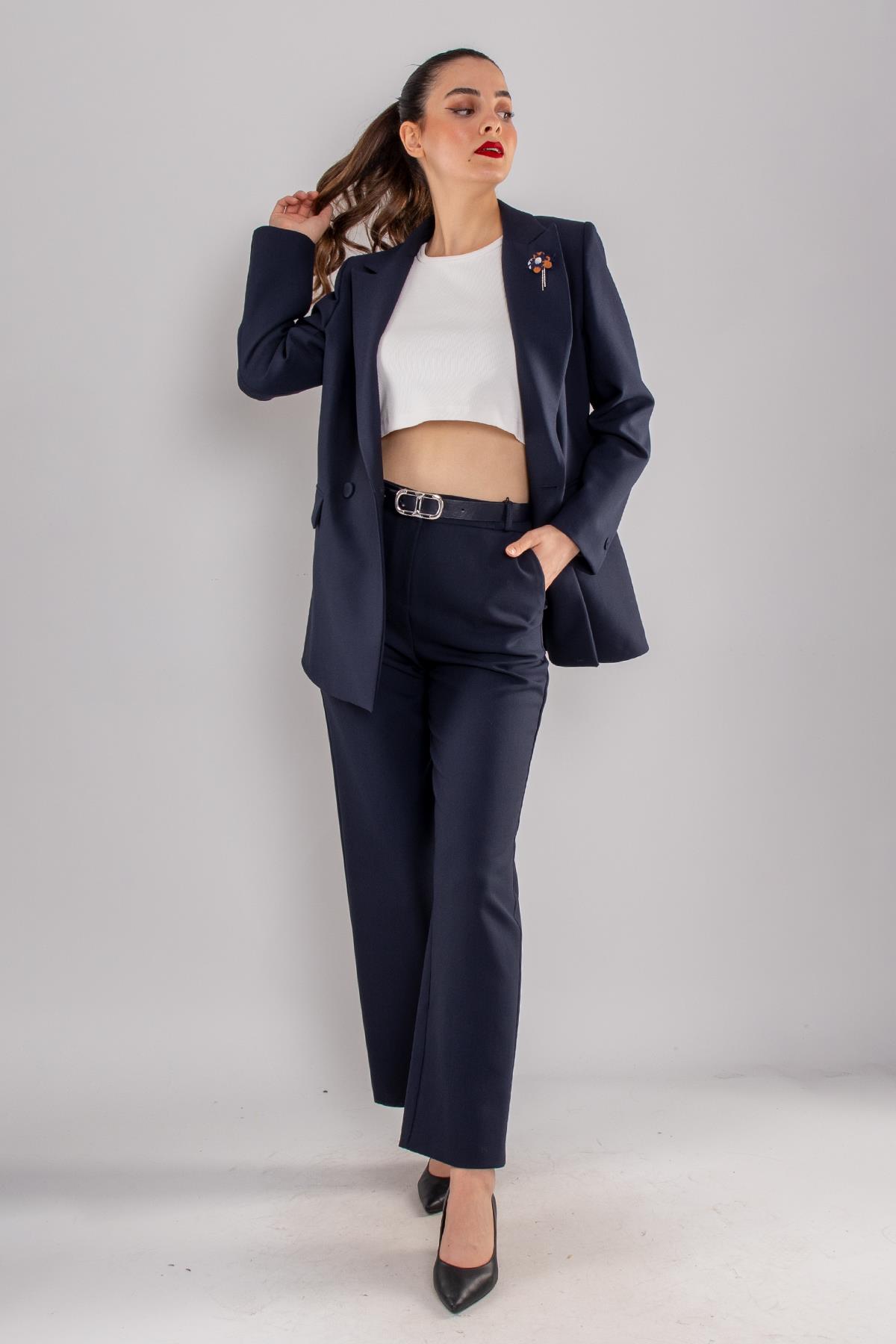 2128 2 Düğme Broşlu Ceket Bol Paça Pantolon İkili Takım