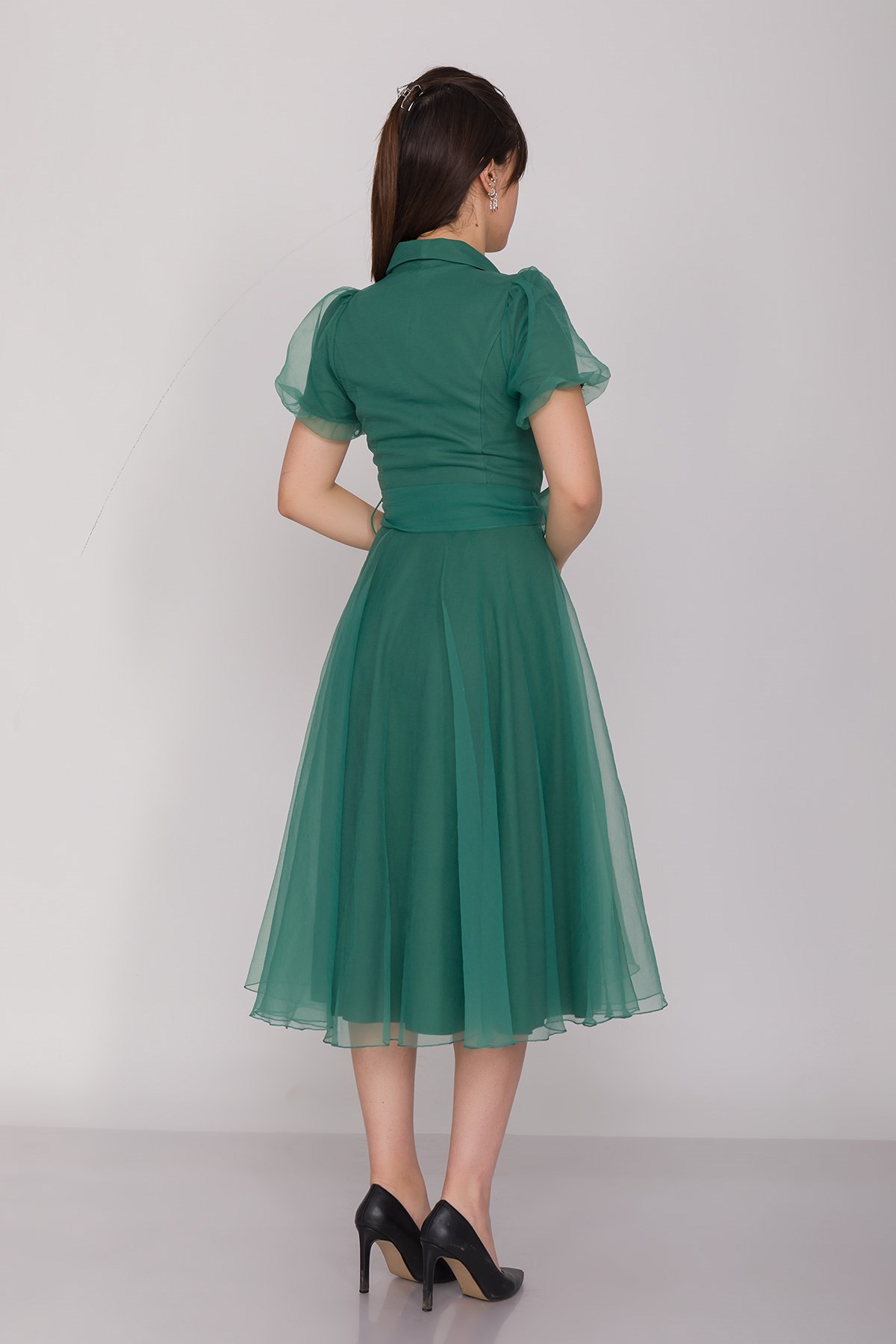 2136 Ceket Yaka Balon Kol Organze Midiboy Kuşaklı Elbise