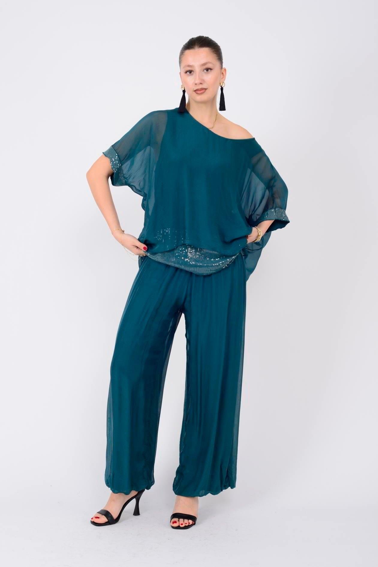 2161 Pulpayet Detay Bluz Pantolon İpek Takım