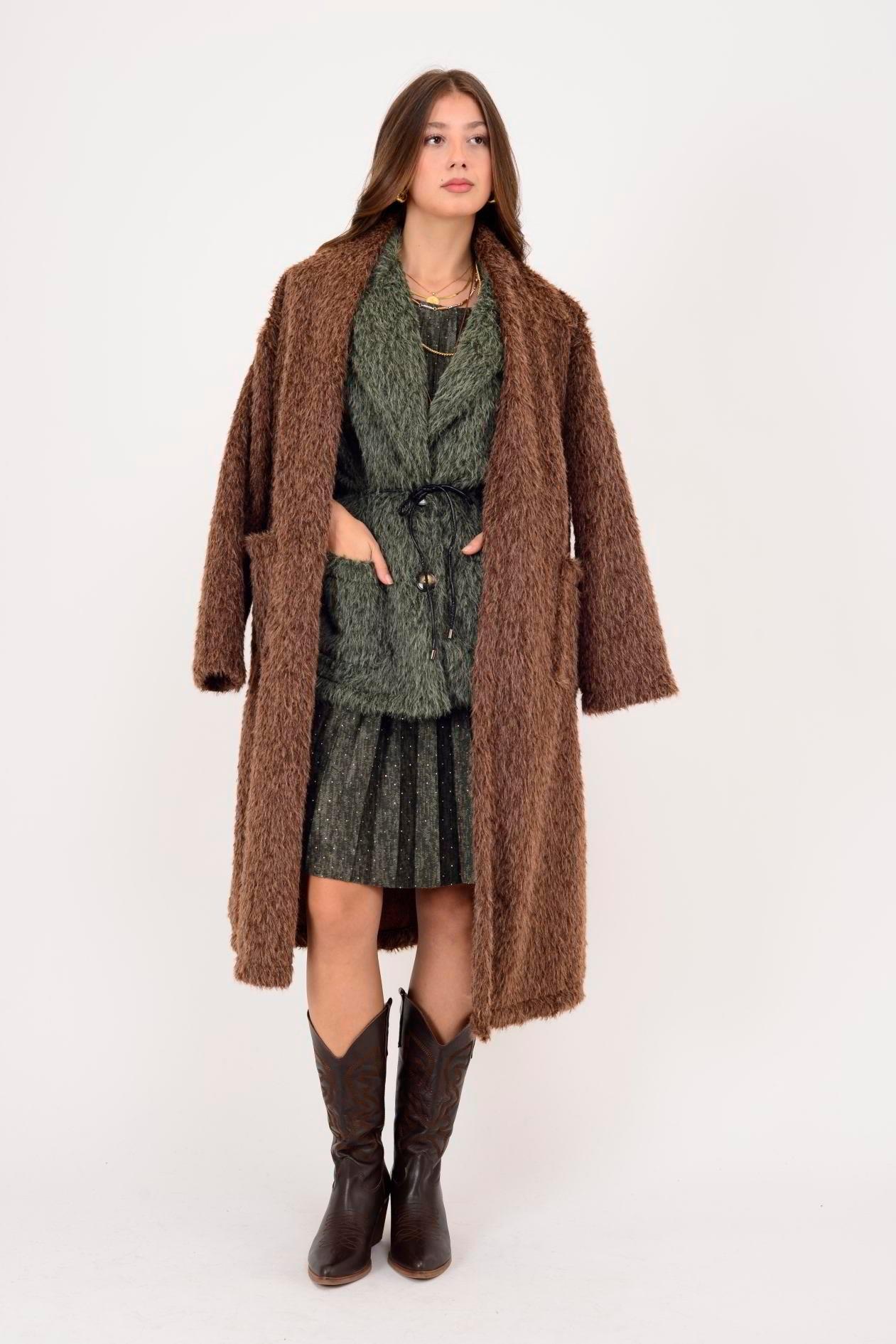 21789 Düz Desen Uzun Cepli Yakasız Keçe Ceket