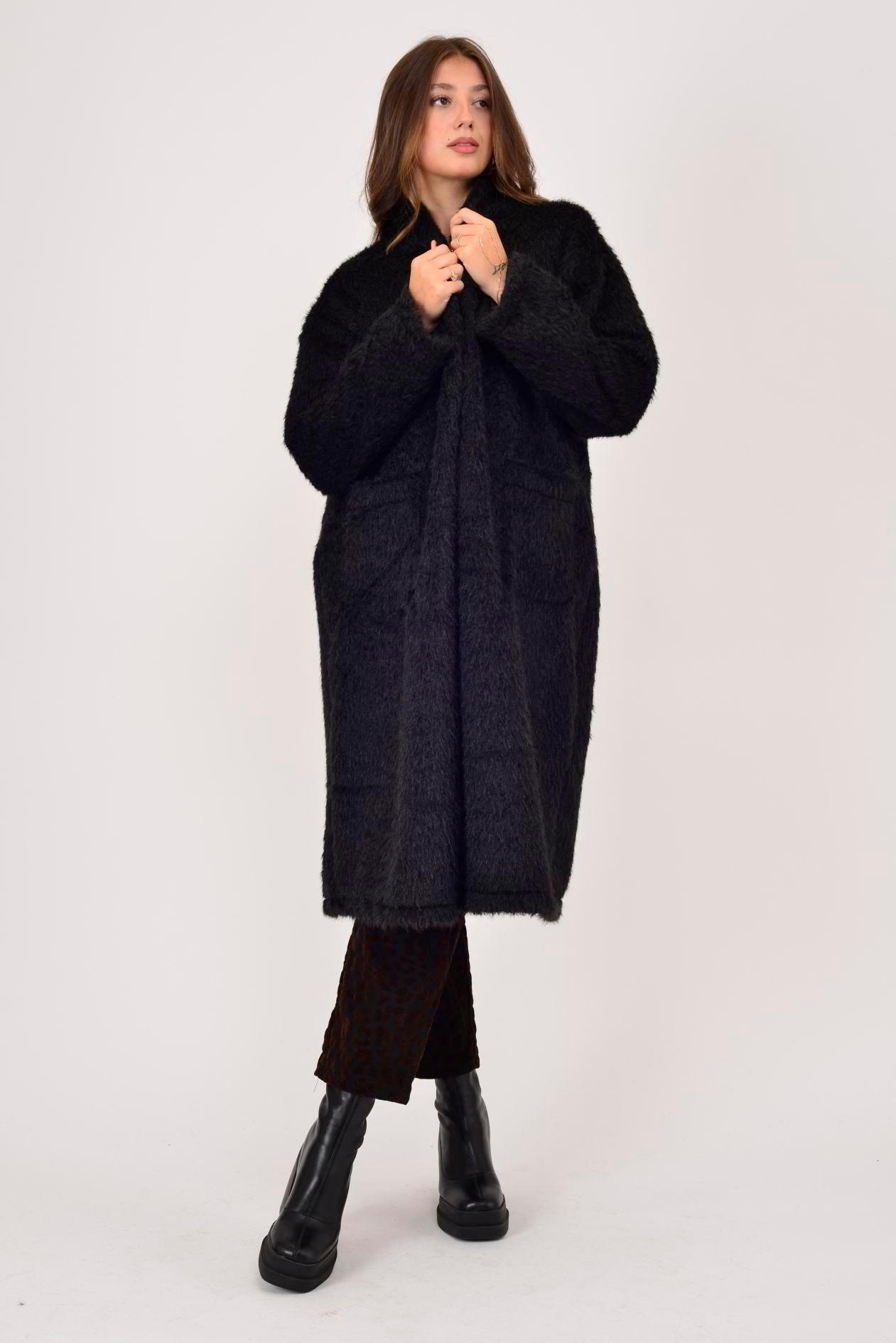 21789 Düz Desen Uzun Cepli Yakasız Keçe Ceket