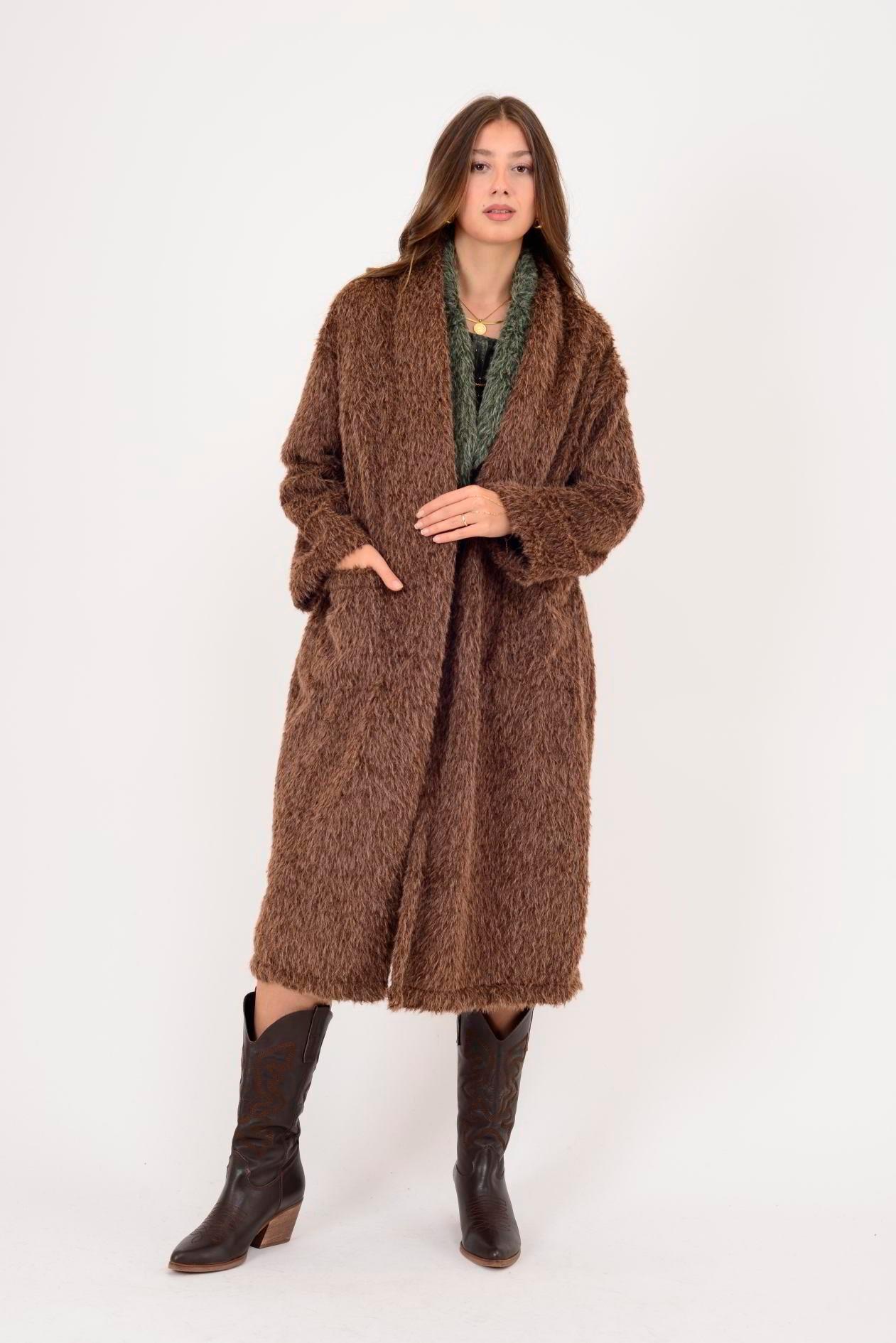 21789 Düz Desen Uzun Cepli Yakasız Keçe Ceket