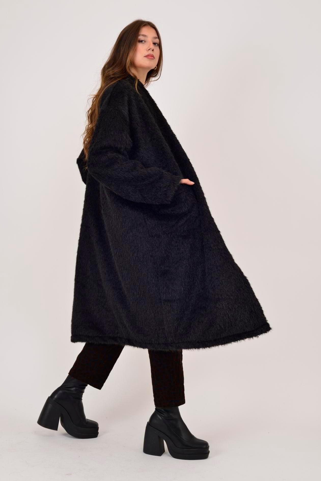 21789 Düz Desen Uzun Cepli Yakasız Keçe Ceket