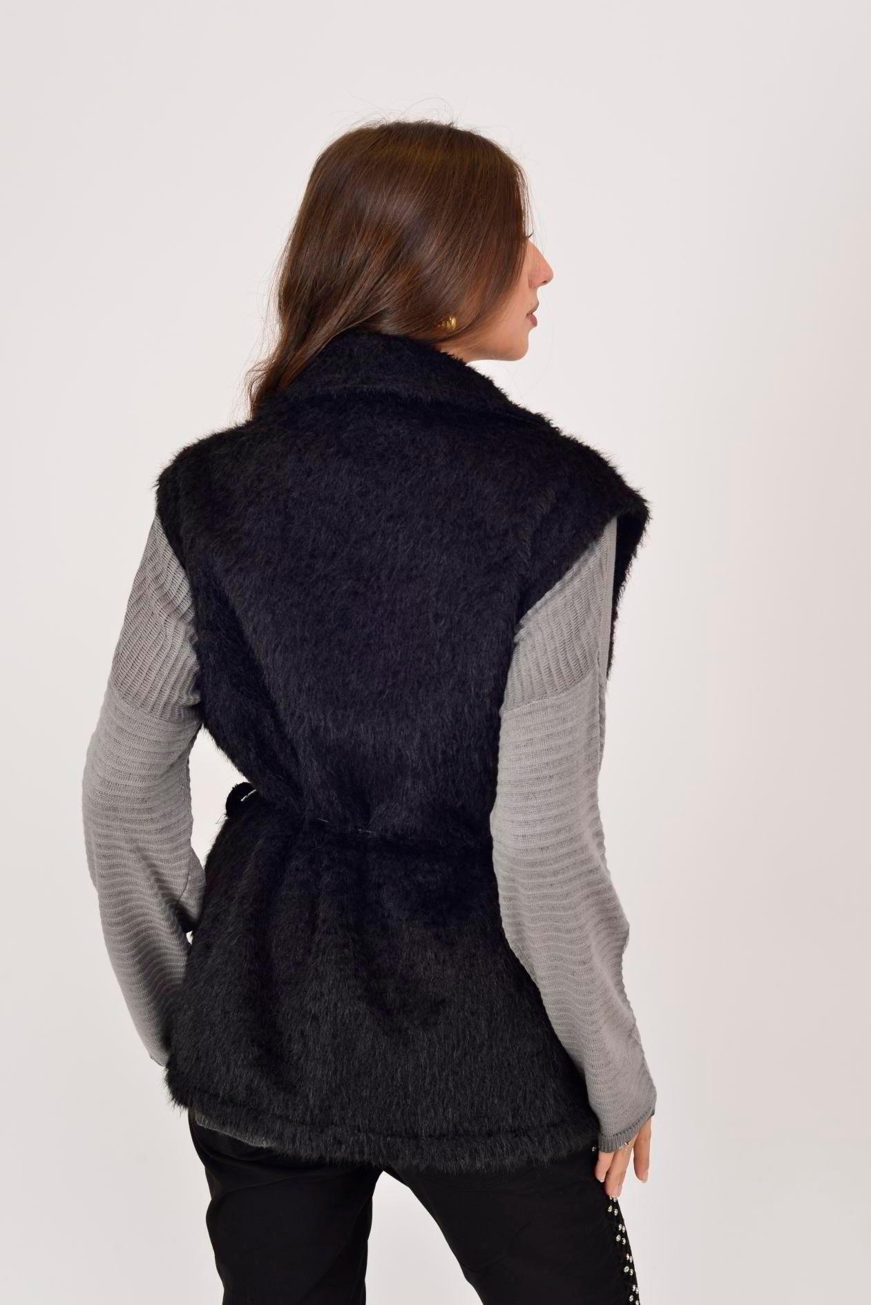 21807 İp Kemerli Ceket Yaka Keçe Yelek