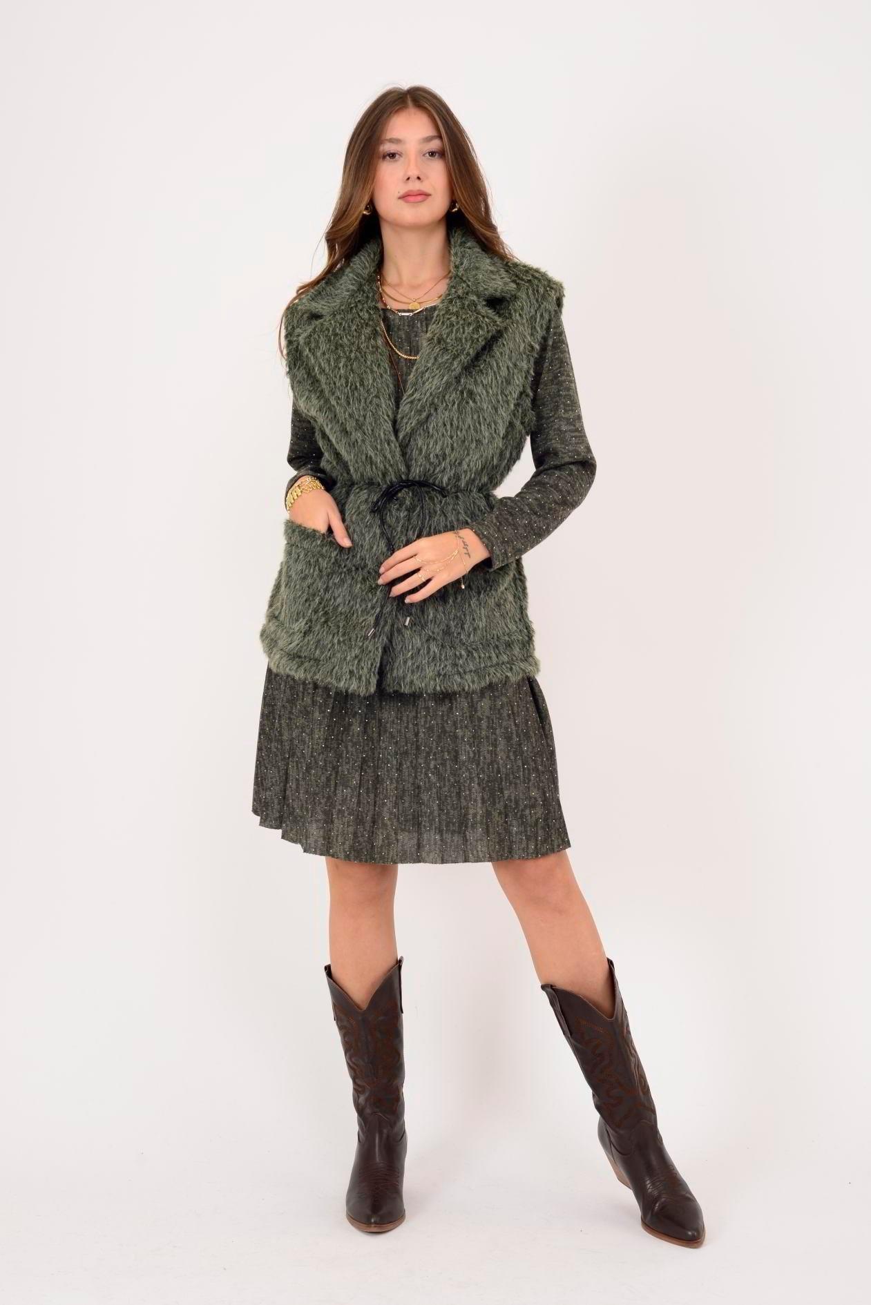 21807 İp Kemerli Ceket Yaka Keçe Yelek