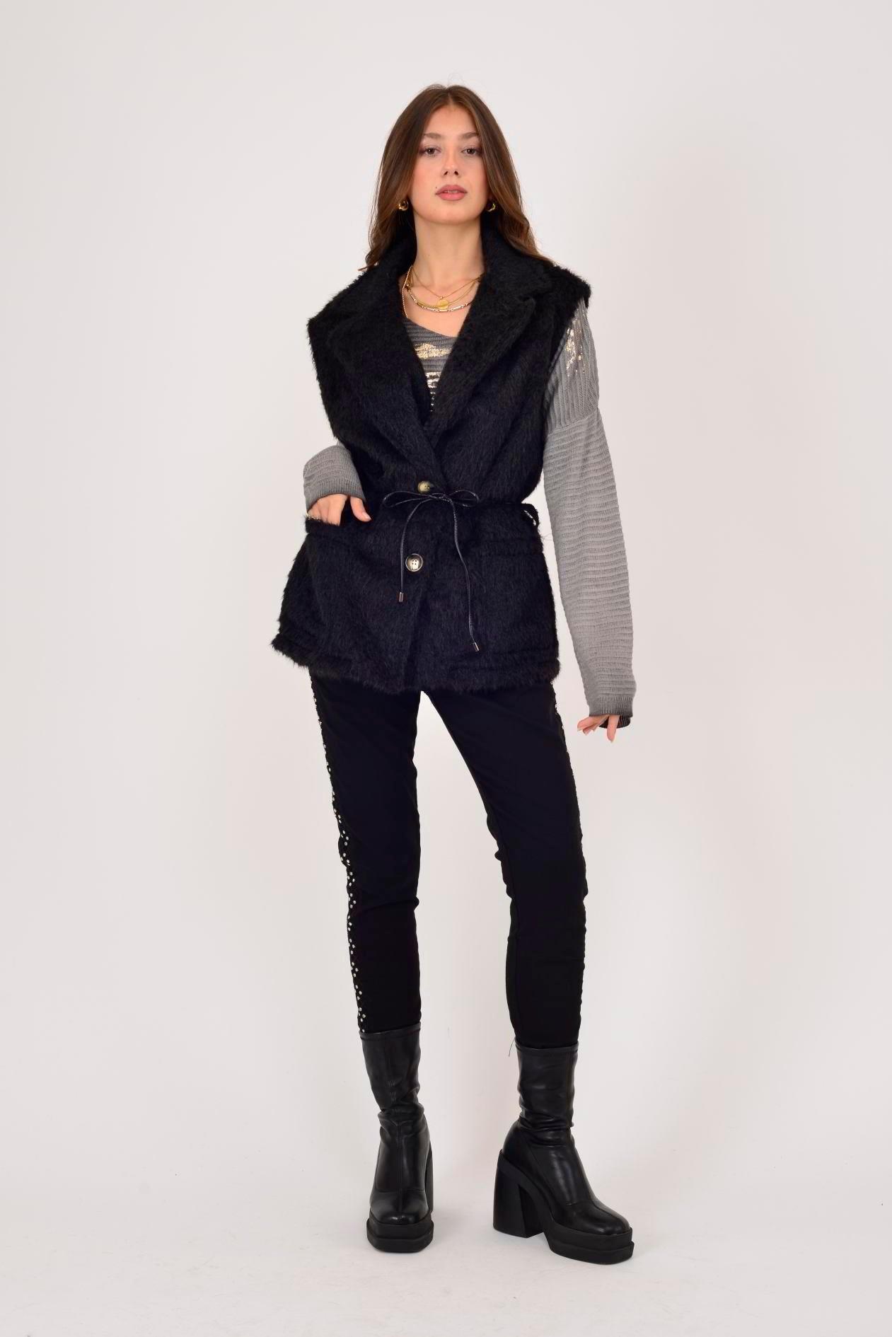 21807 İp Kemerli Ceket Yaka Keçe Yelek