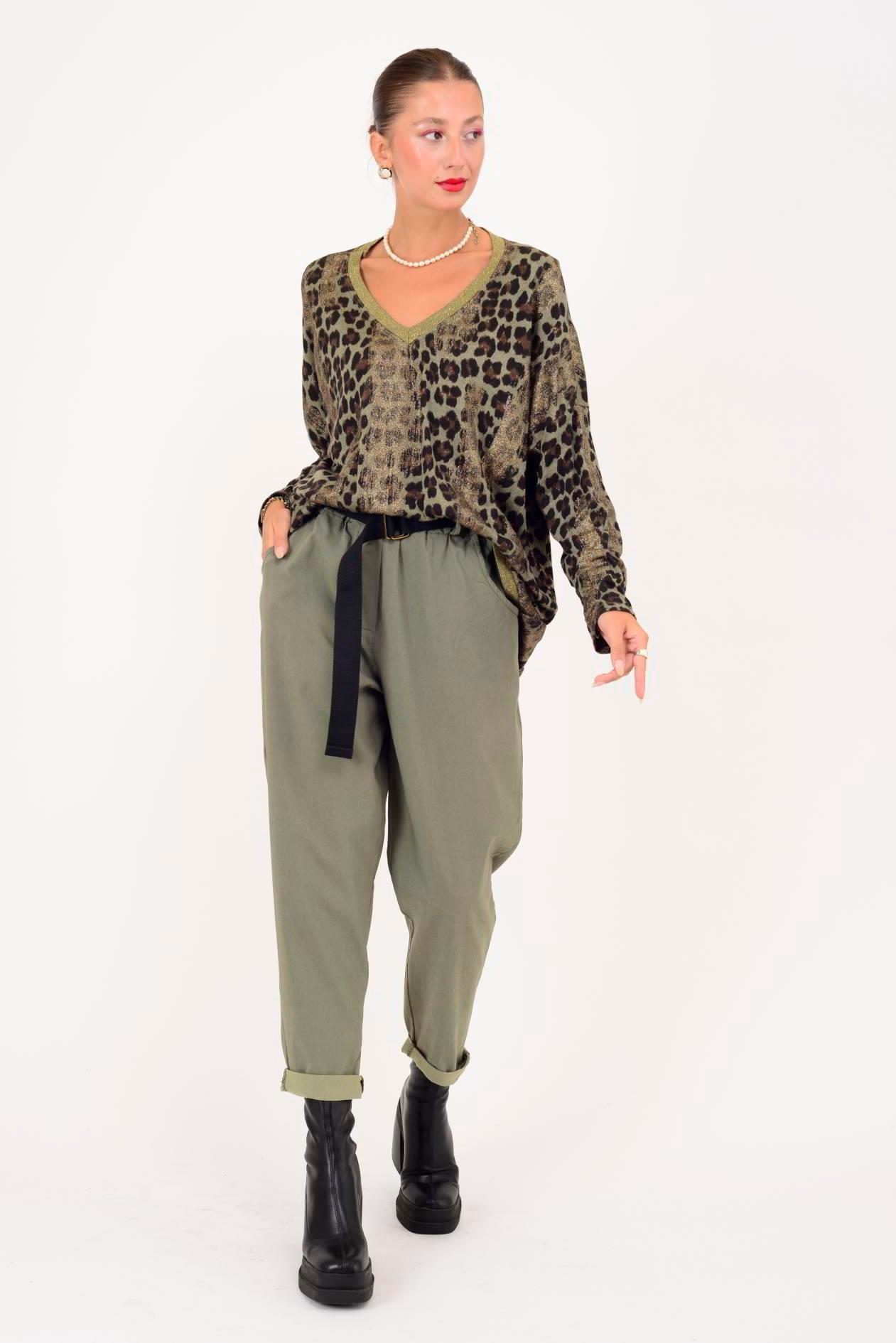 21812 Leopar Desen Vyaka Simli Bluz