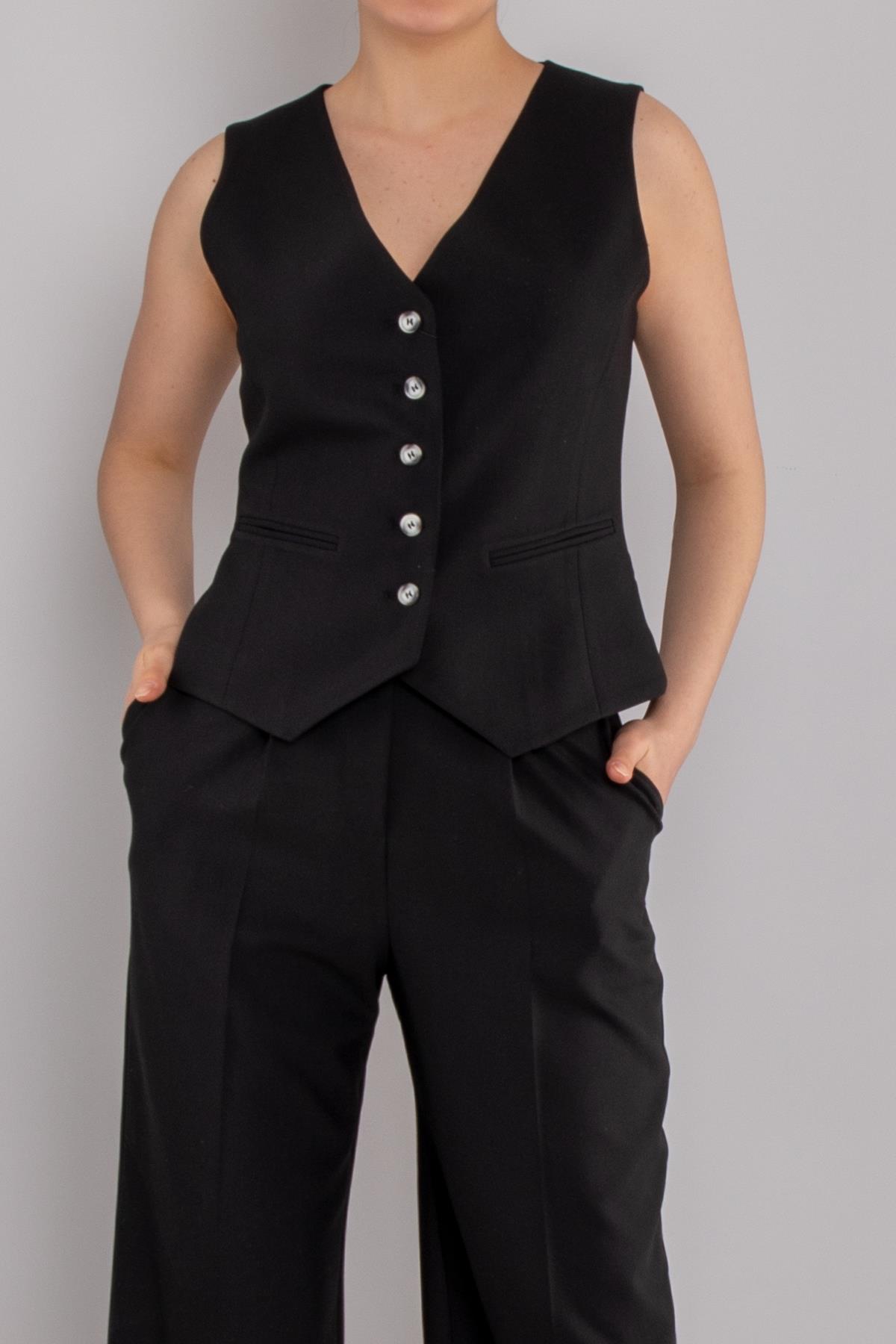 2202 Düğmeli Yelek Palazzo Pantolon Takım