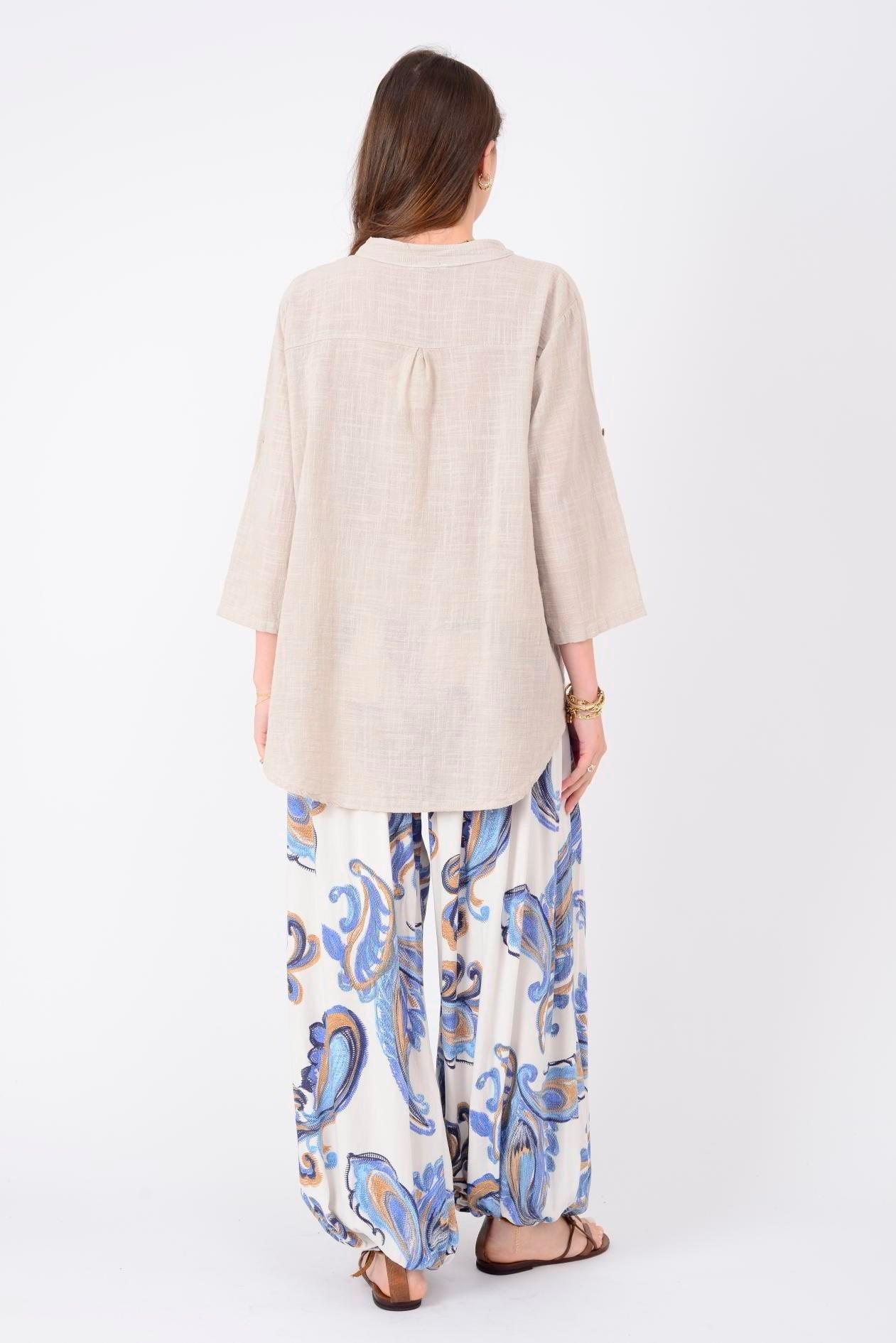 22046 Pul Detaylı 3 Düğmeli Keten Gömlek