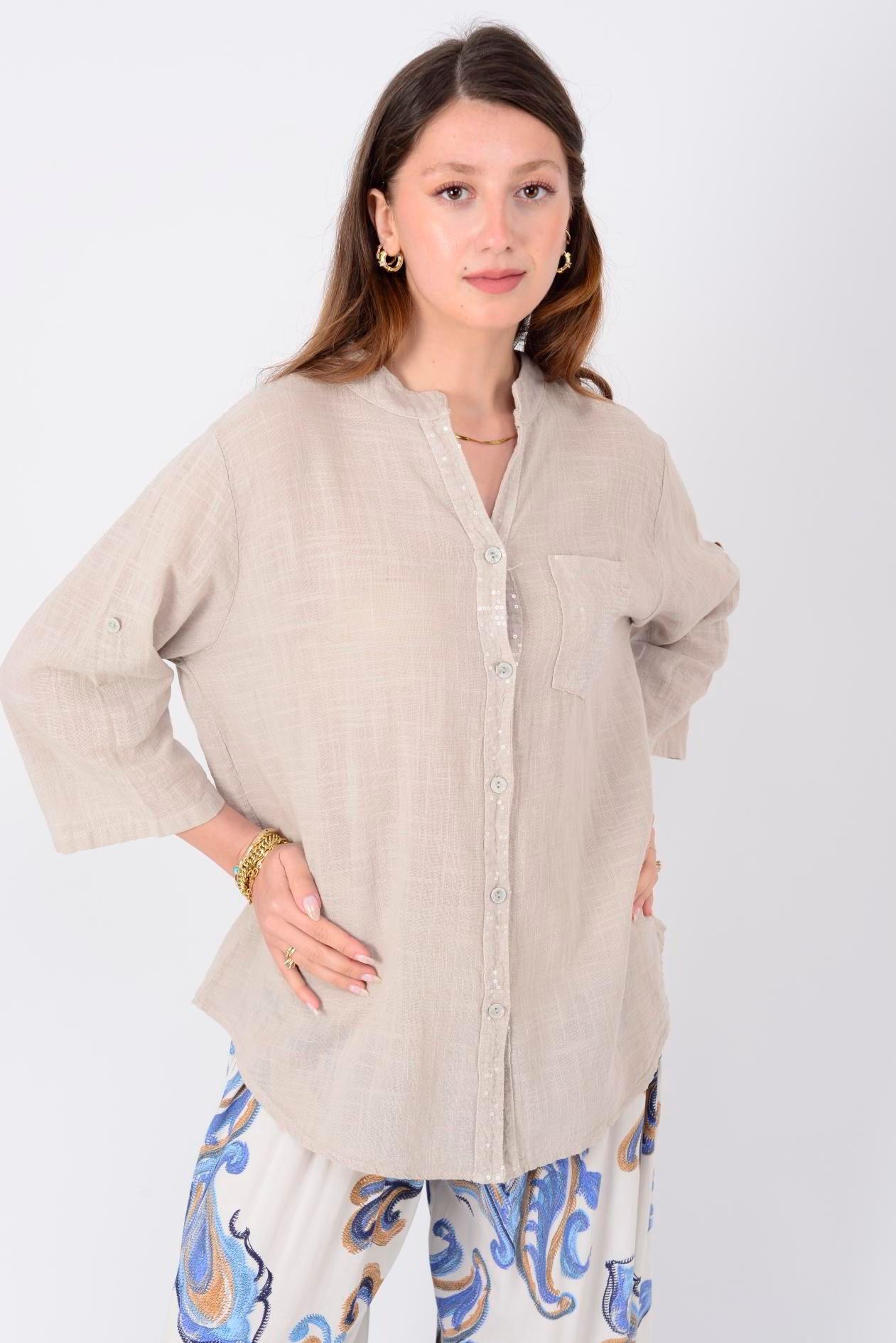 22046 Pul Detaylı 3 Düğmeli Keten Gömlek