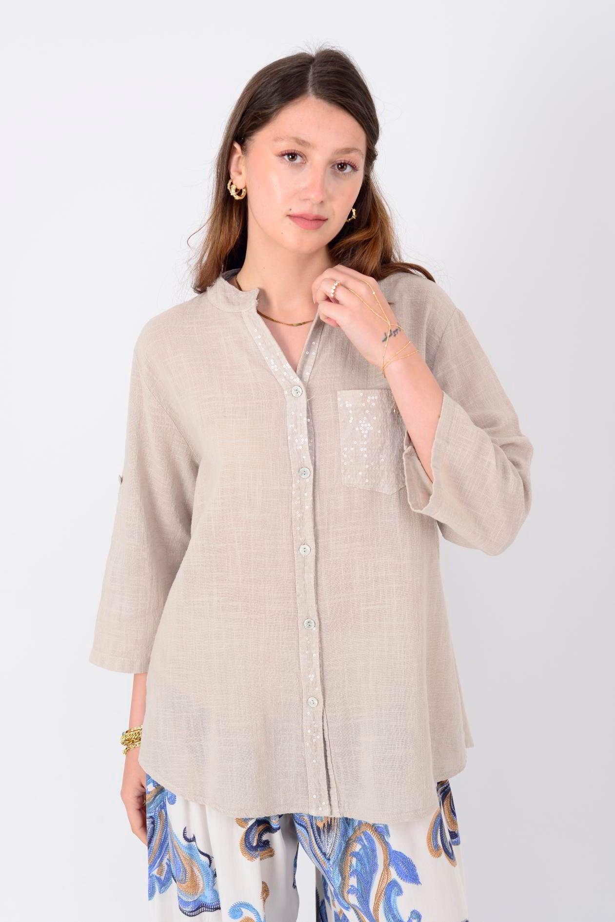 22046 Pul Detaylı 3 Düğmeli Keten Gömlek