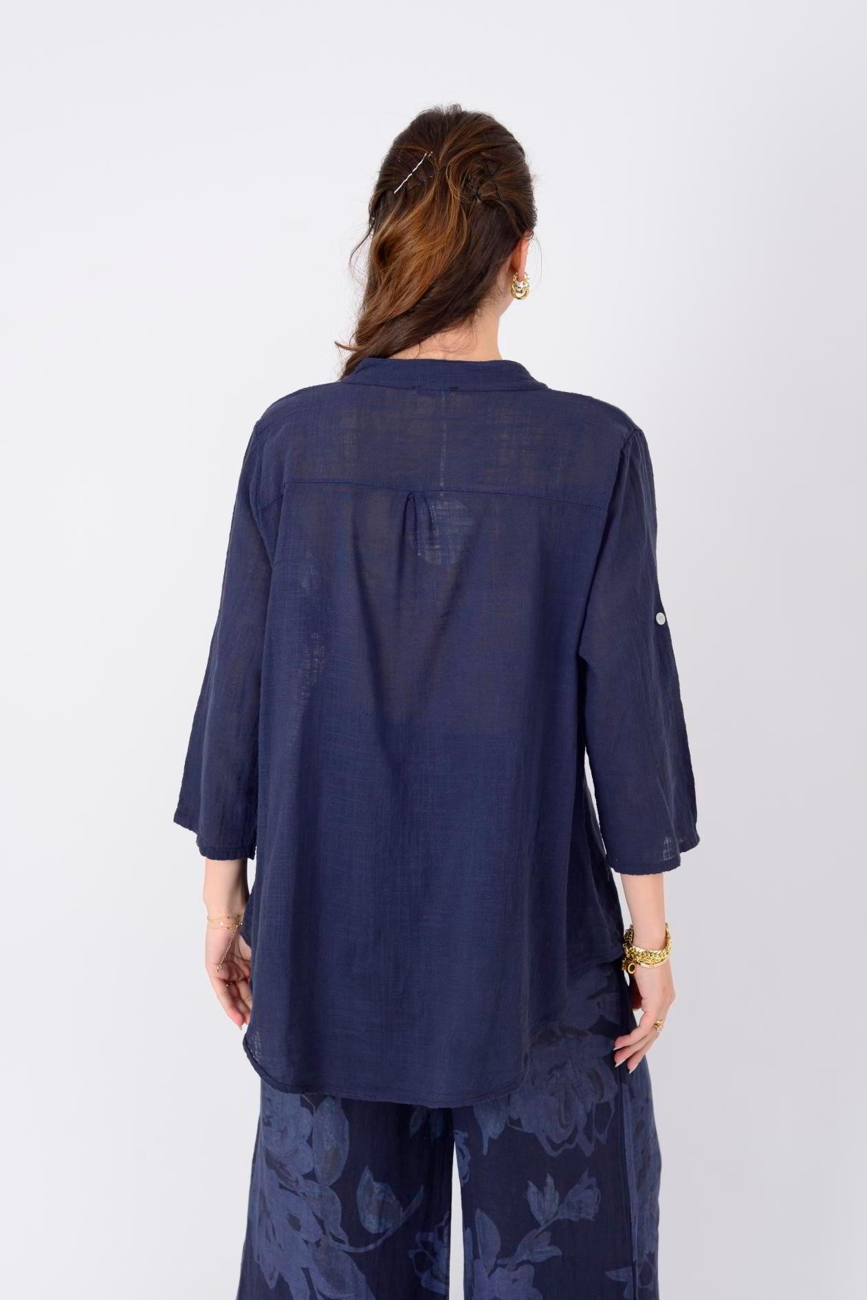 22046 Pul Detaylı 3 Düğmeli Keten Gömlek