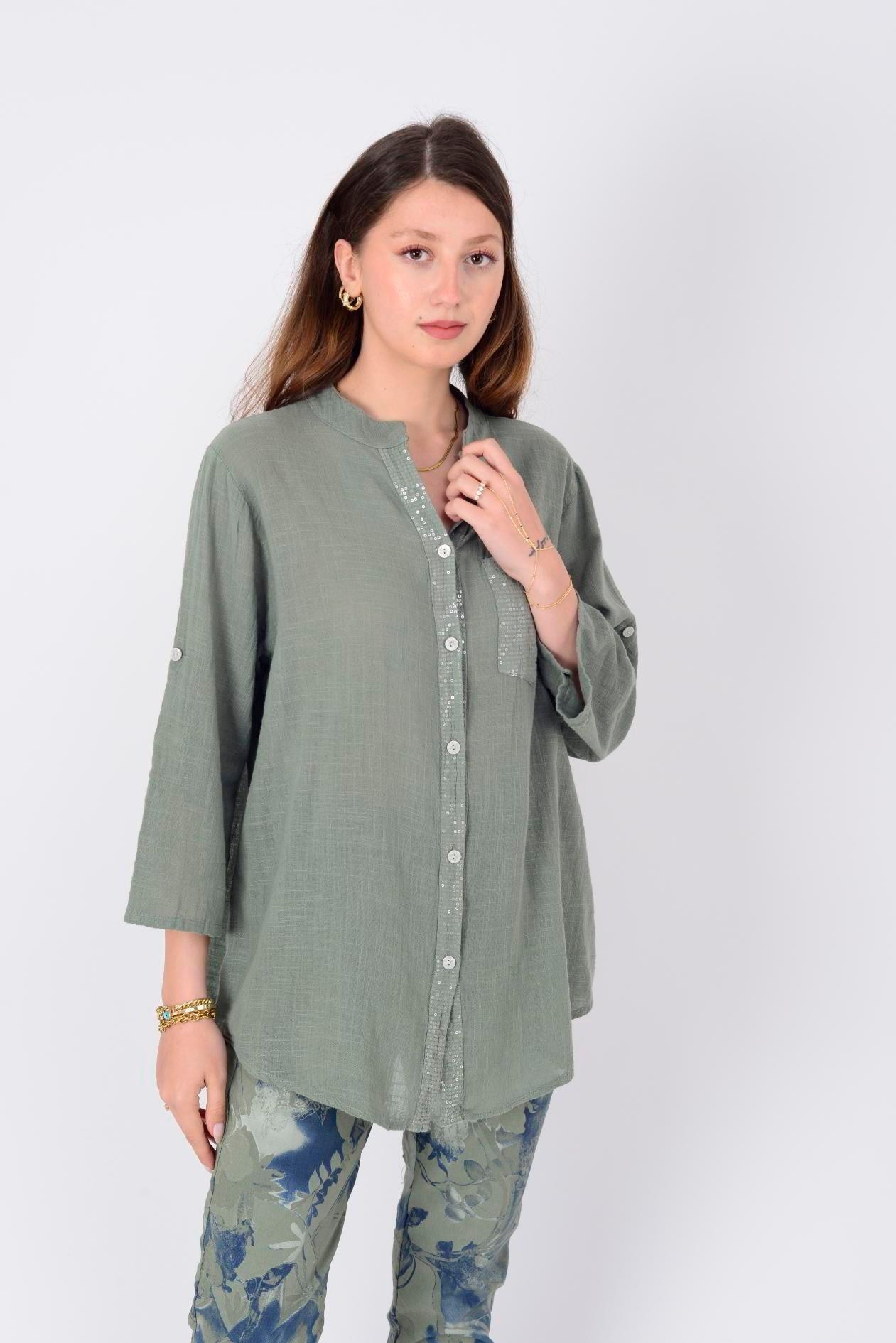 22046 Pul Detaylı 3 Düğmeli Keten Gömlek