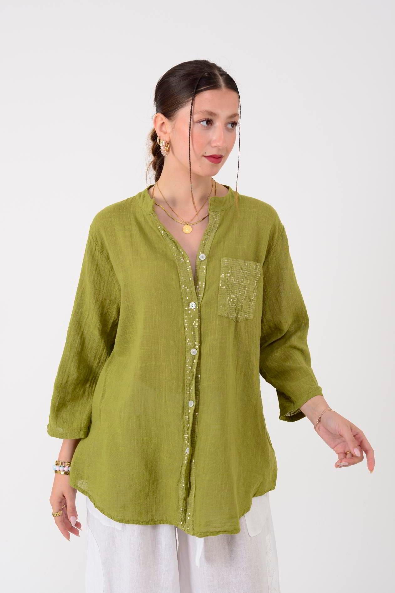 22046 Pul Detaylı 3 Düğmeli Keten Gömlek