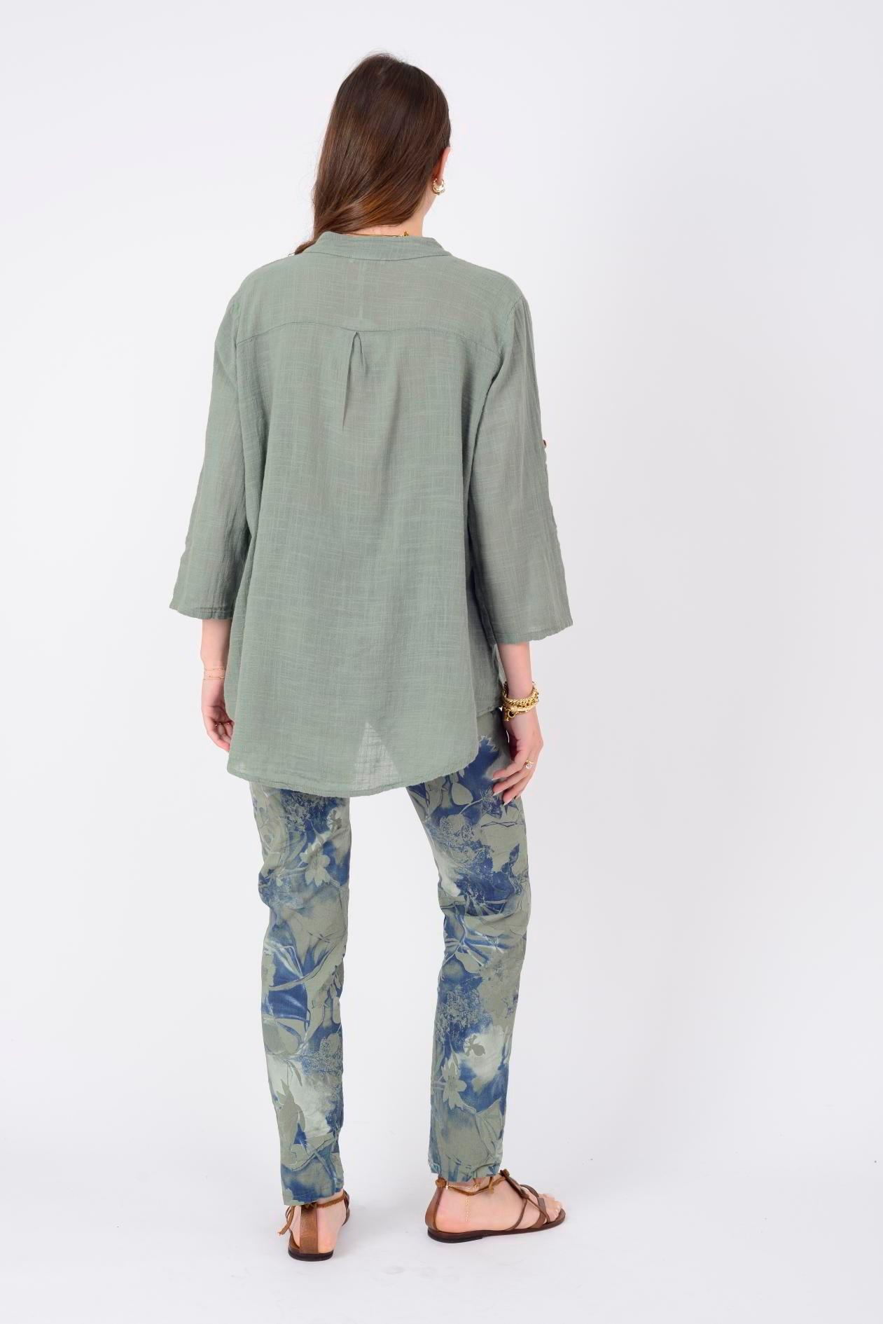 22046 Pul Detaylı 3 Düğmeli Keten Gömlek