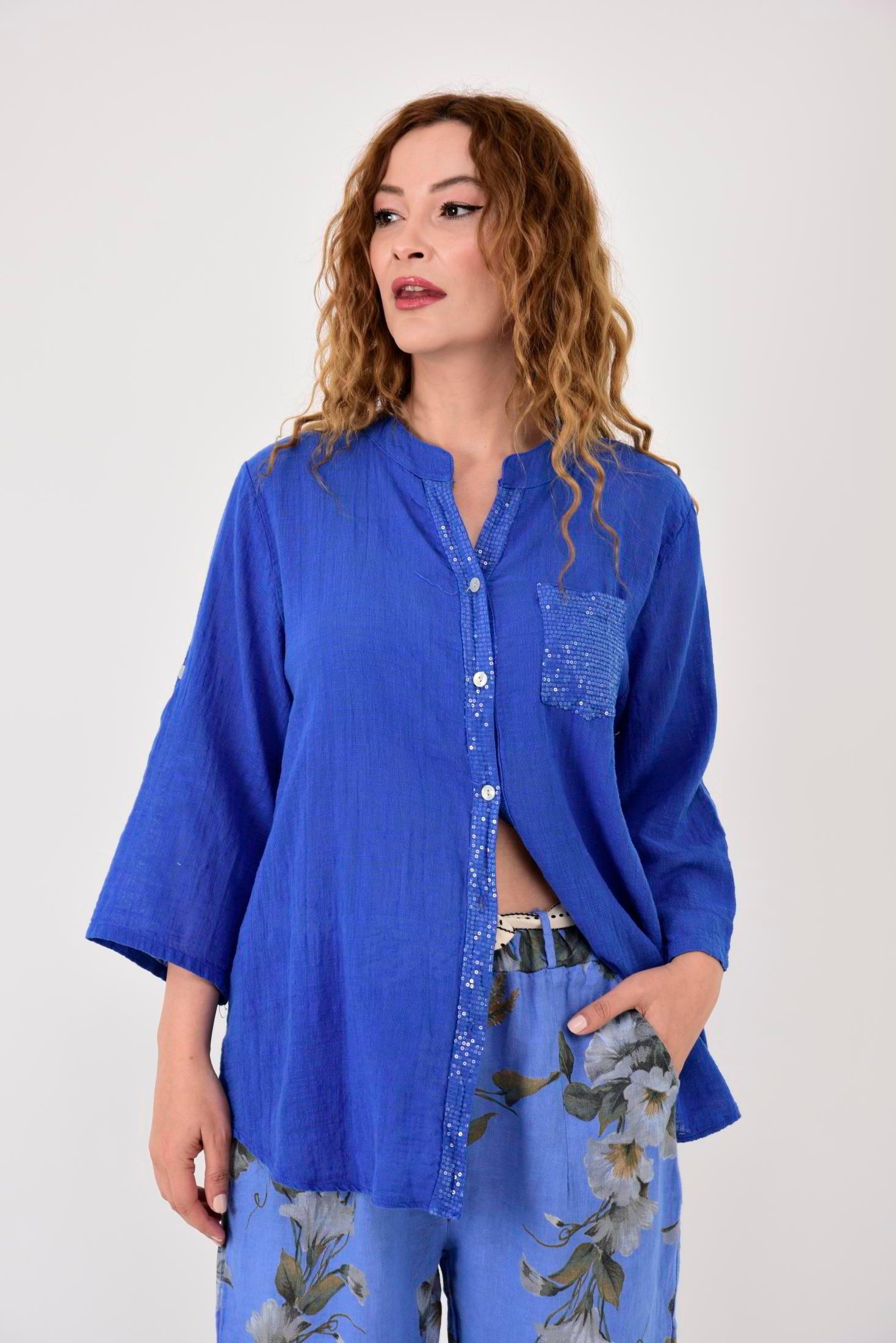 22046 Pul Detaylı 3 Düğmeli Keten Gömlek