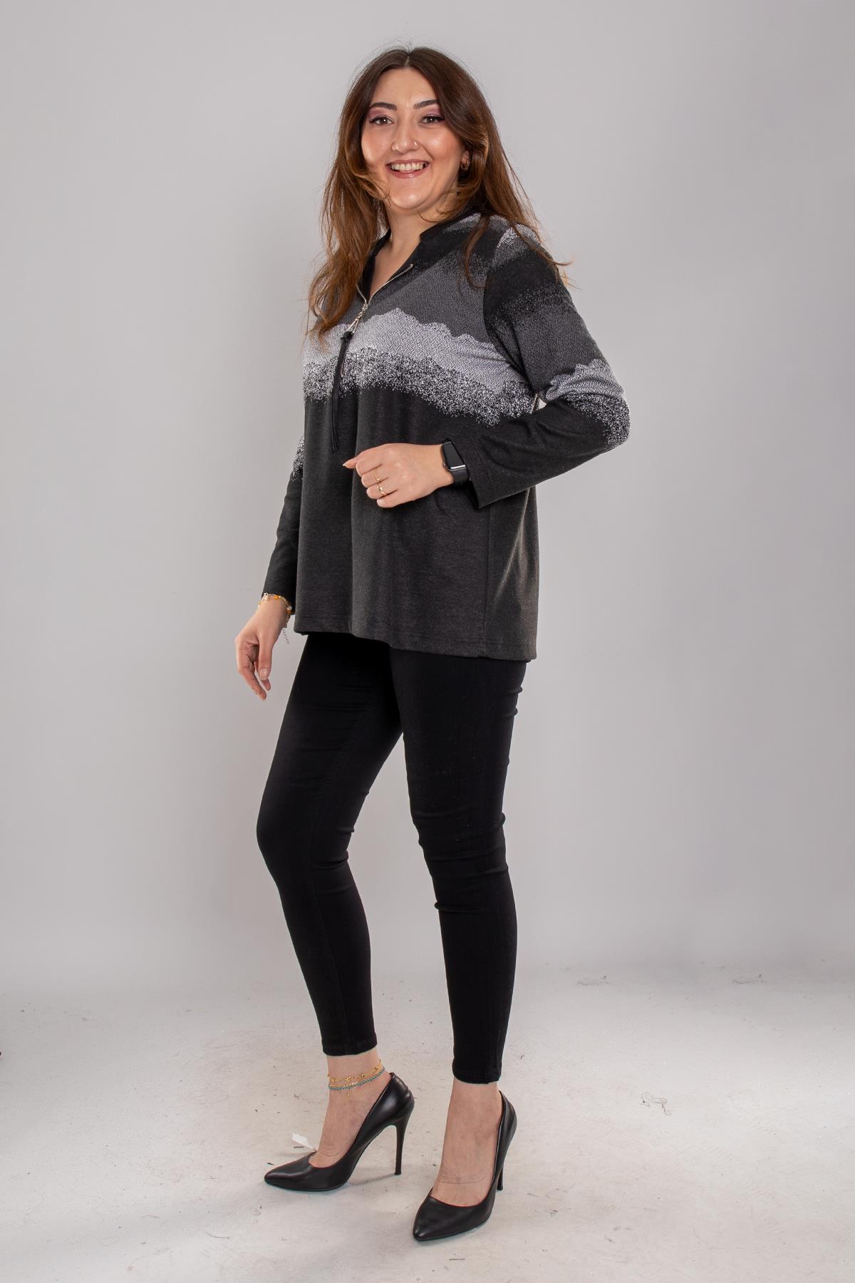 2208 Büyük Beden Degrade Yaka Fermuarlı Viscon Bluz