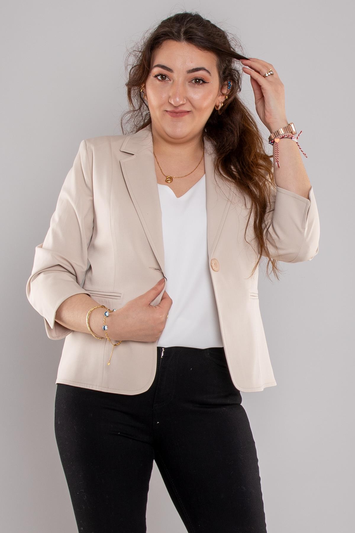 224 Büyük Beden Truvakar Kol Yırtmaçlı Tek Düğme Keten Ceket