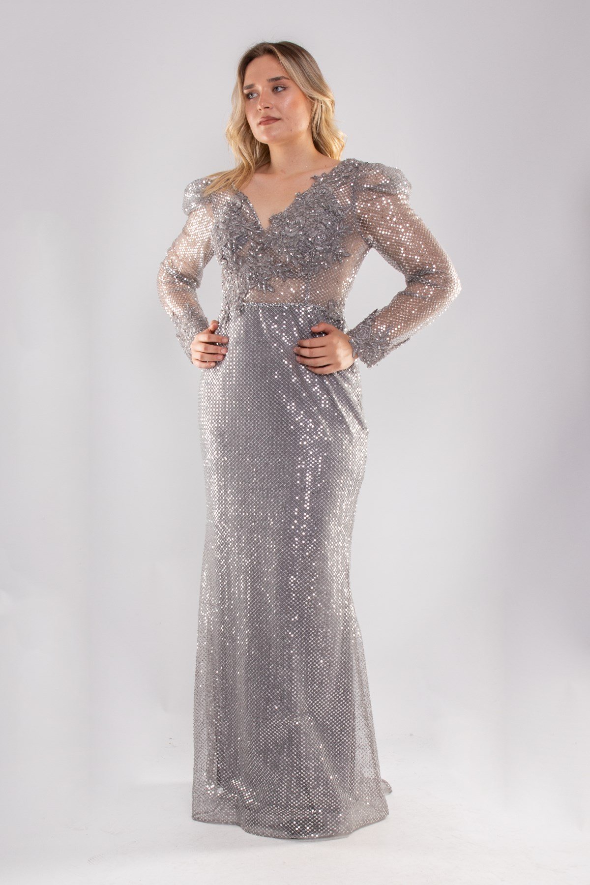 22403 Büyük Beden Petek Desen Payet İşli Uzunkol Abiye