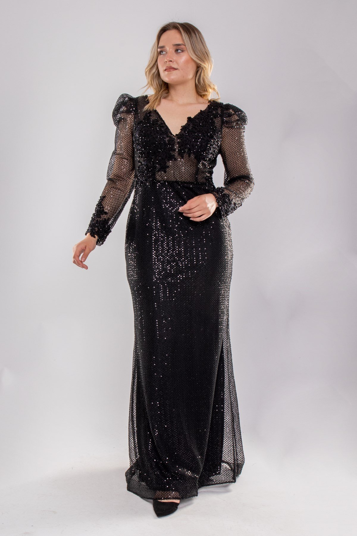 22403 Büyük Beden Petek Desen Payet İşli Uzunkol Abiye