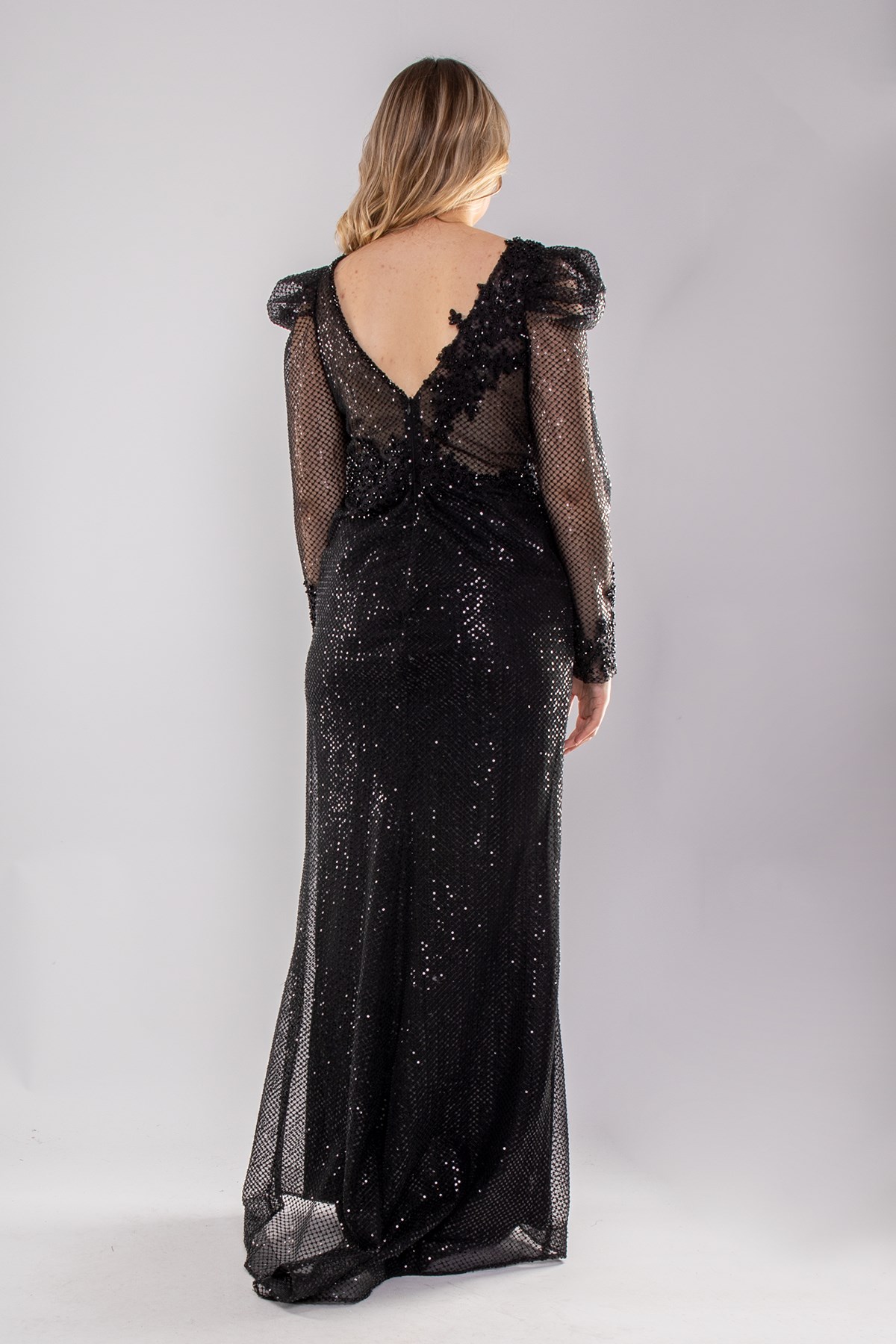 22403 Büyük Beden Petek Desen Payet İşli Uzunkol Abiye