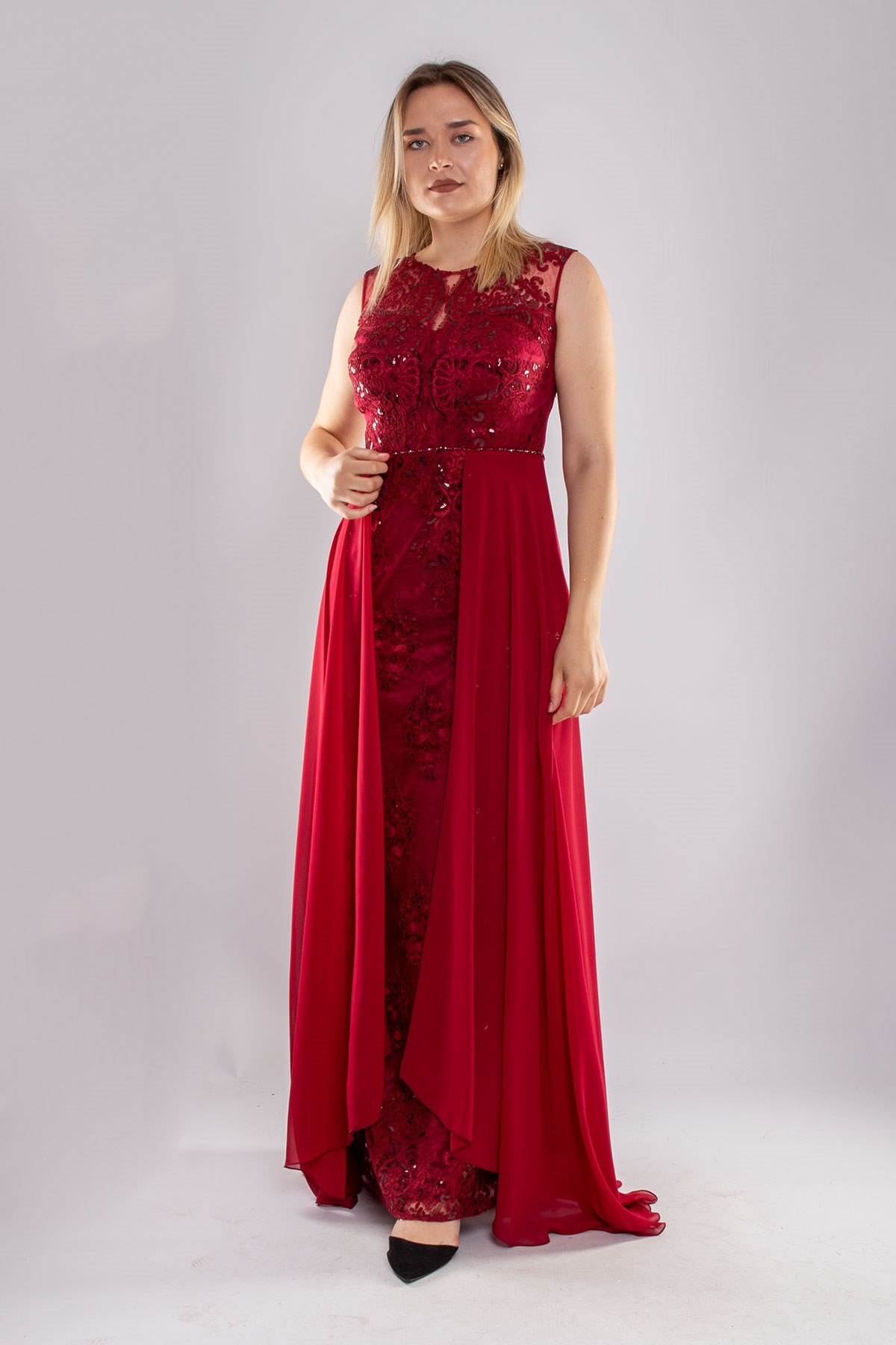 22417 Büyük Beden Nakışlı Tül Etek Detay Uzun Abiye