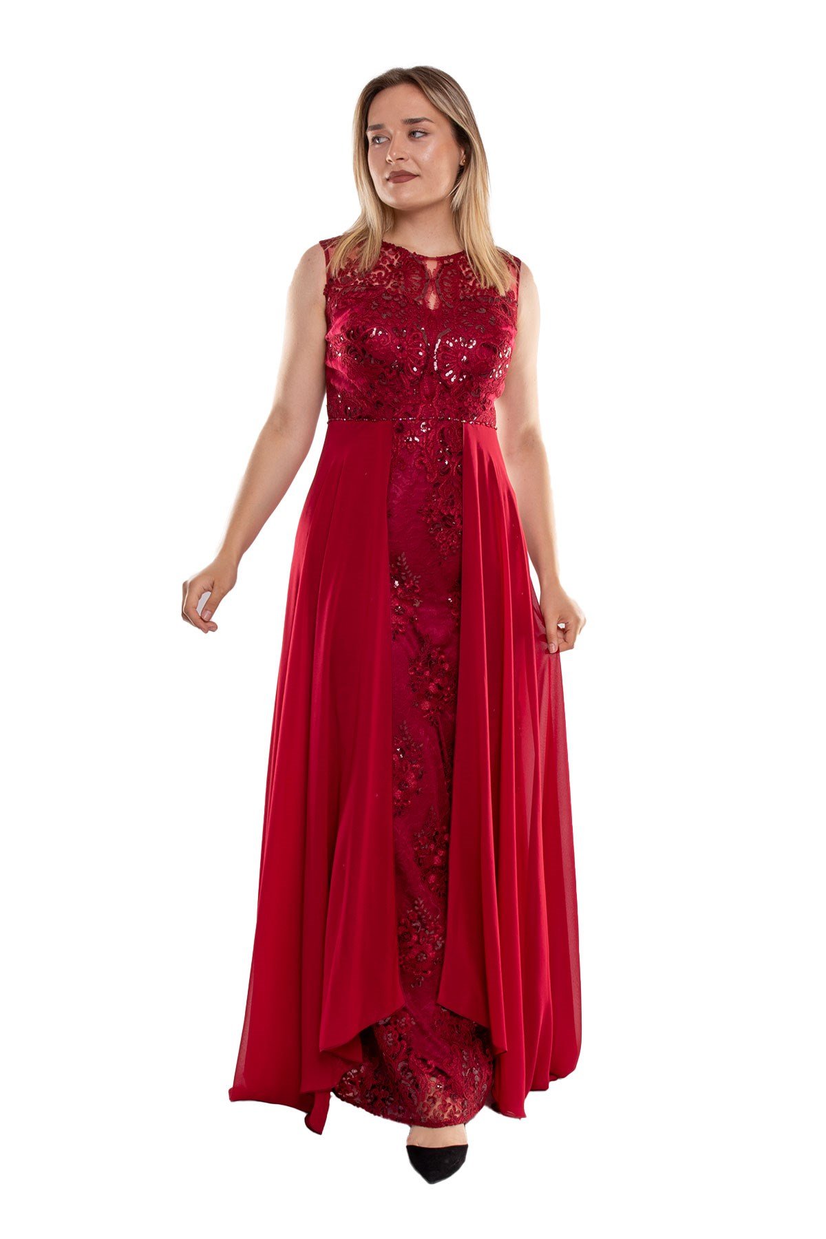 22417 Büyük Beden Nakışlı Tül Etek Detay Uzun Abiye